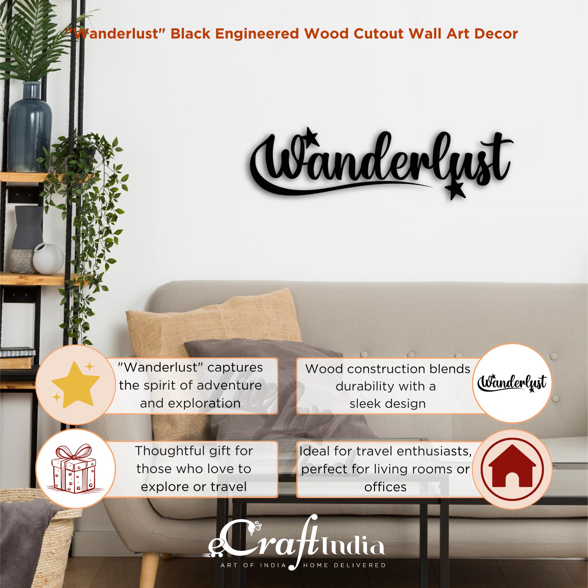 eCraftIndia Wanderlust Black Engineered Wood Cutout Wall Art Decor - Travel-Inspired Wall Hanging For Home And Office - Gift For