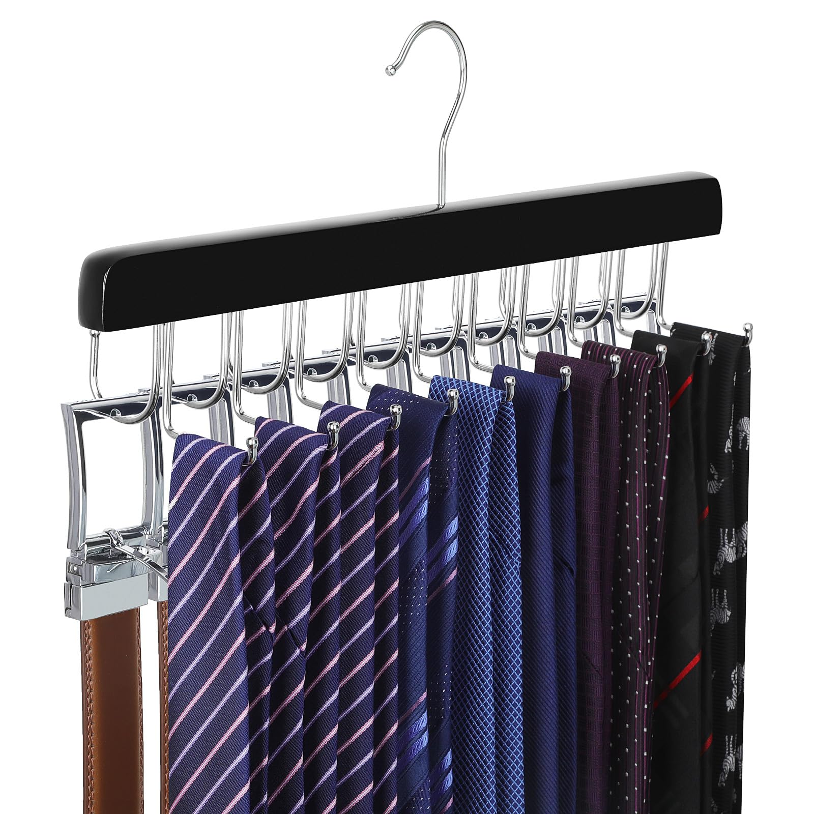 Topia Hanger 2 Pack 2 In 1 Belt Tie Hanger For Closet Max 60 Belts With 60 Ties Capacity, 20 Hooks Belt Tie Racks Wooden Hanger