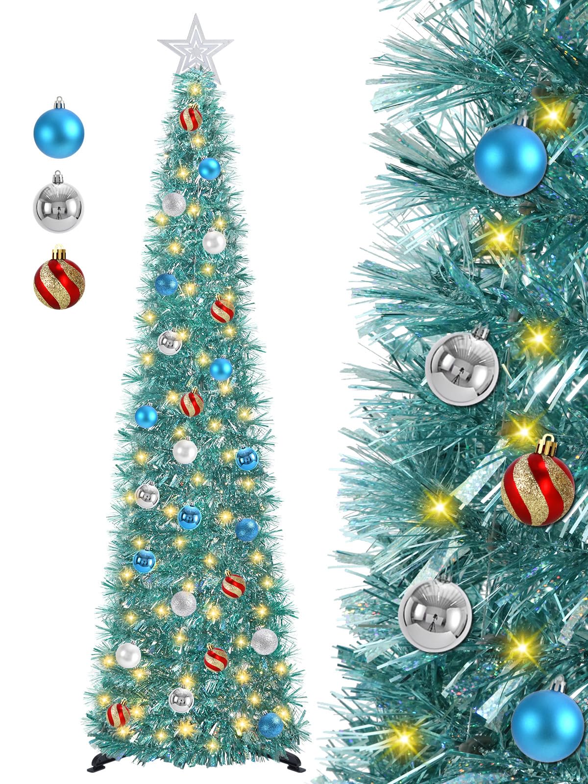 SINTENILL 5 FT Pop Up Christmas Tree with Timer Lights and Decorations, Blue Tinsel Artificial Christmas Tree with 24 Balls Orna