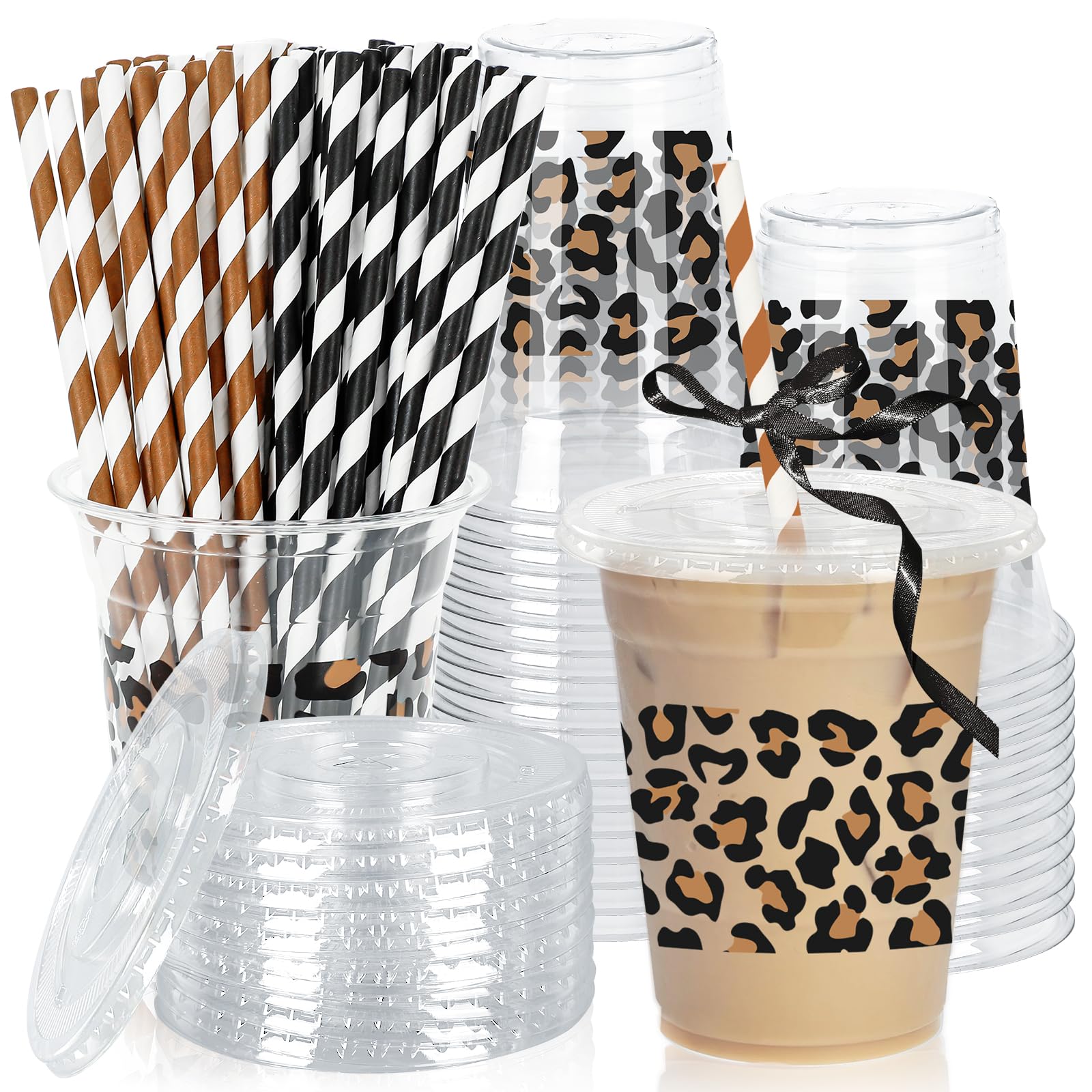 Whaline 50 Pcs Cheetah Plastic Cups with Lids and Straws Leopard Clear Plastic Cups 12 Oz Disposable Cup for Holiday Birthday Pa
