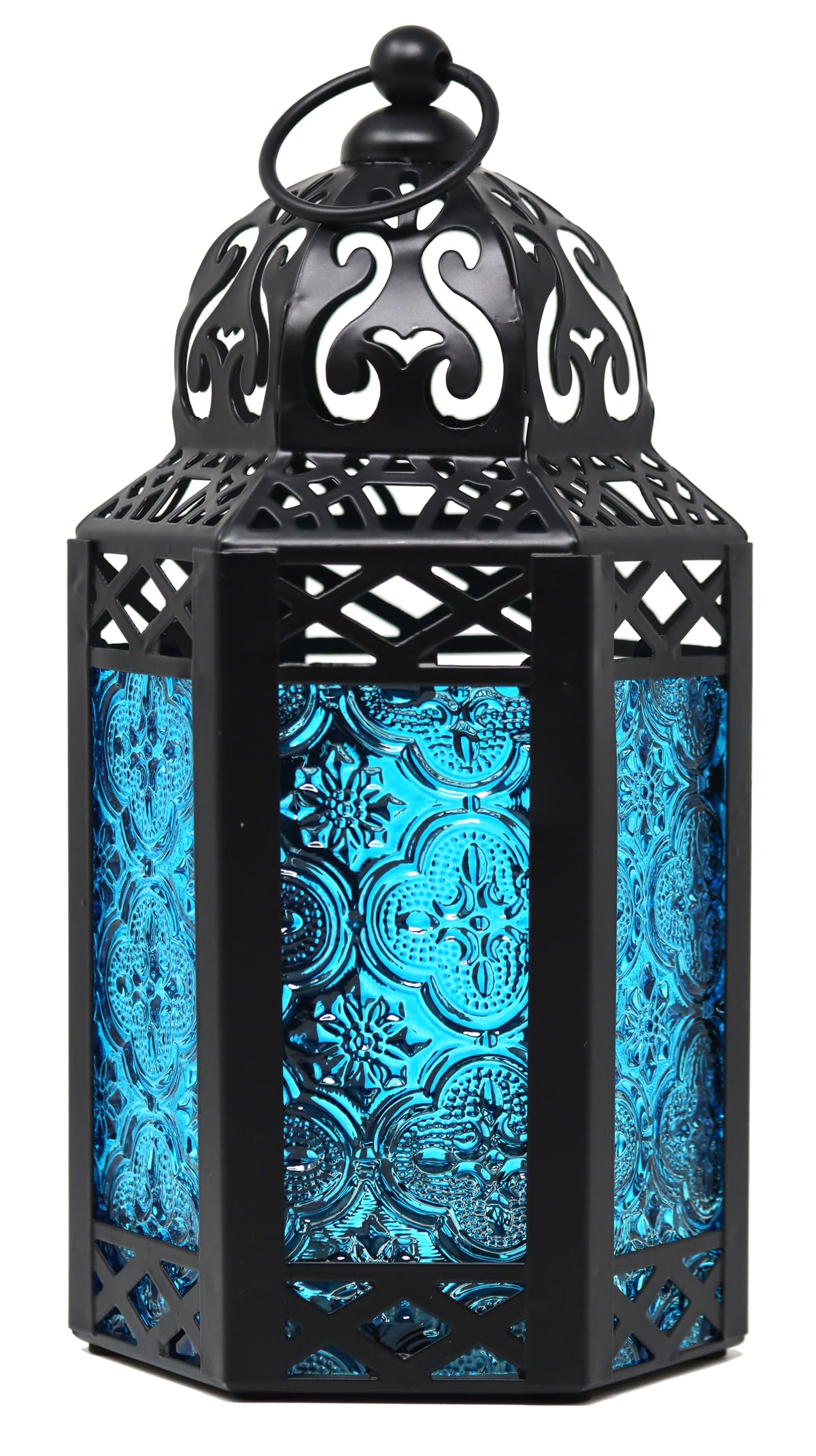 Small Black Metal Decorative Moroccan Lantern Candle Holder Lamp - Indoor/Outdoor, Home Decor, Patio, Weddings, Christmas, Blue