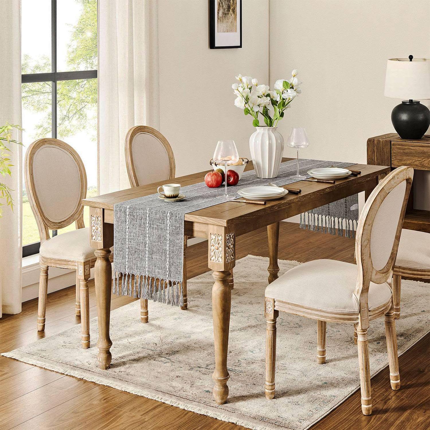 Zeemart Farmhouse Table Runner, Rustic Table Runners 60 Inches Long, Linen Boho Table Runner, Braided Striped Grey Table Runner