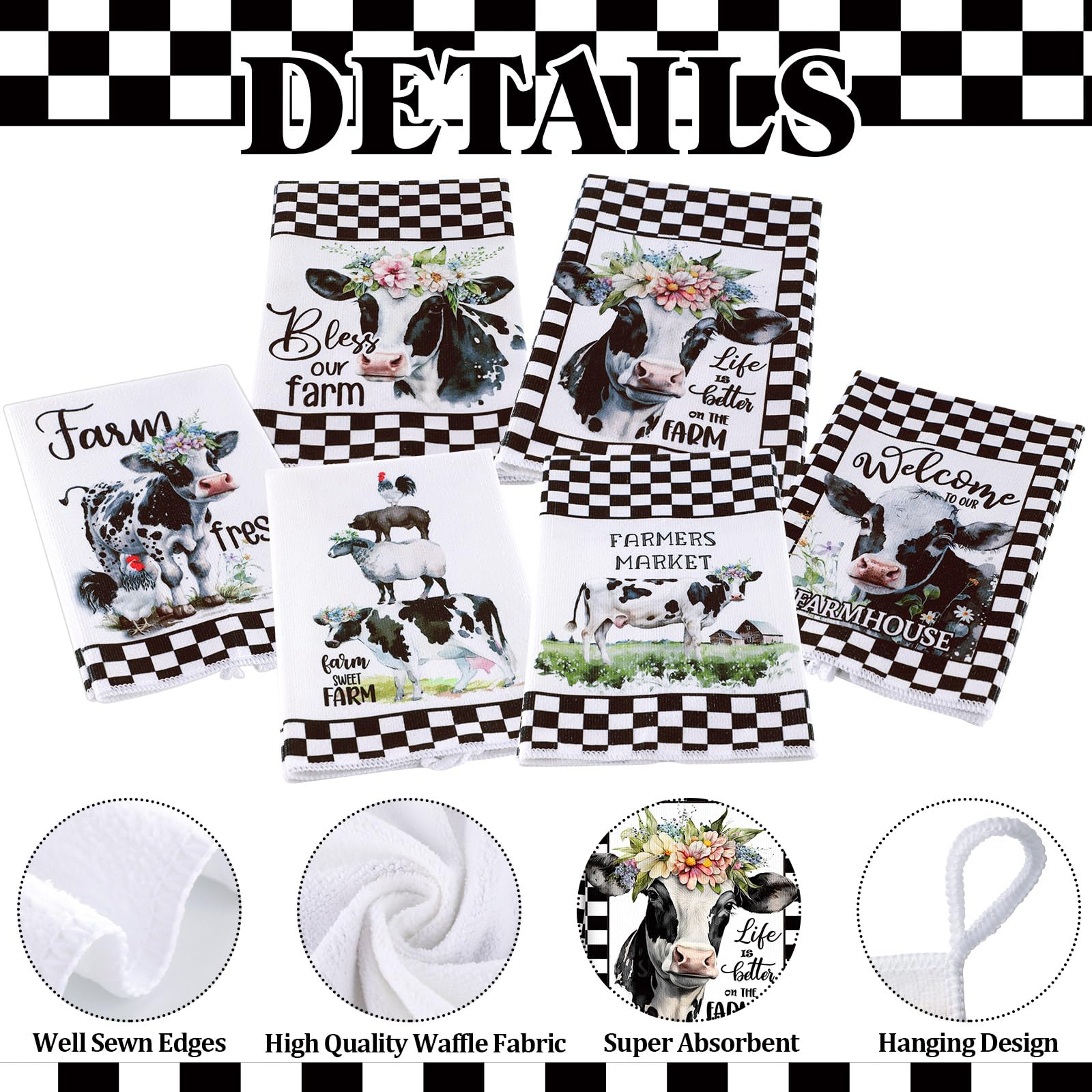 Fuweave 6 Pcs Farm Animal Kitchen Towels Decorative Set Cow Sheep Pig Chicken Floral Buffalo Plaid Funny Dish Towels For Kitchen