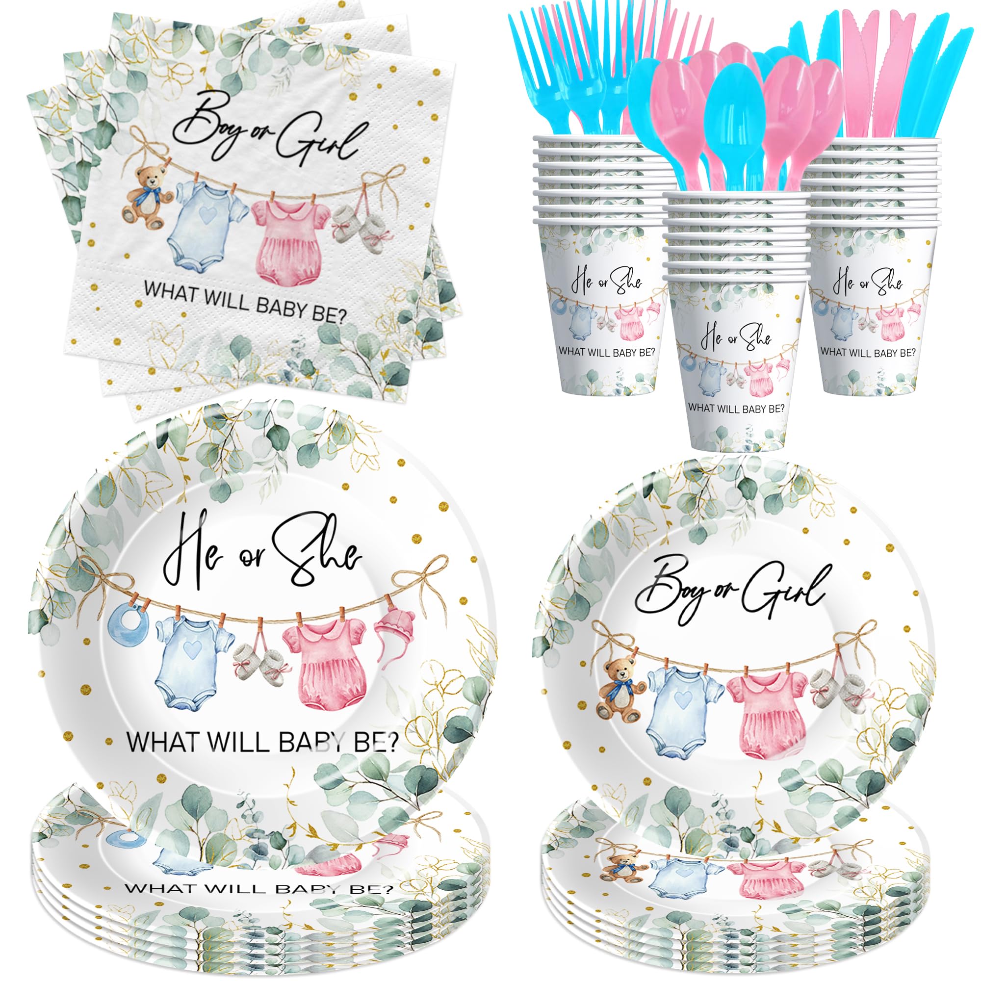 APOWBLS Gender Reveal Decorations, Greenery Baby Clothes Theme Boy or Girl Gender Reveal Baby Shower Party Supplies, He or She P