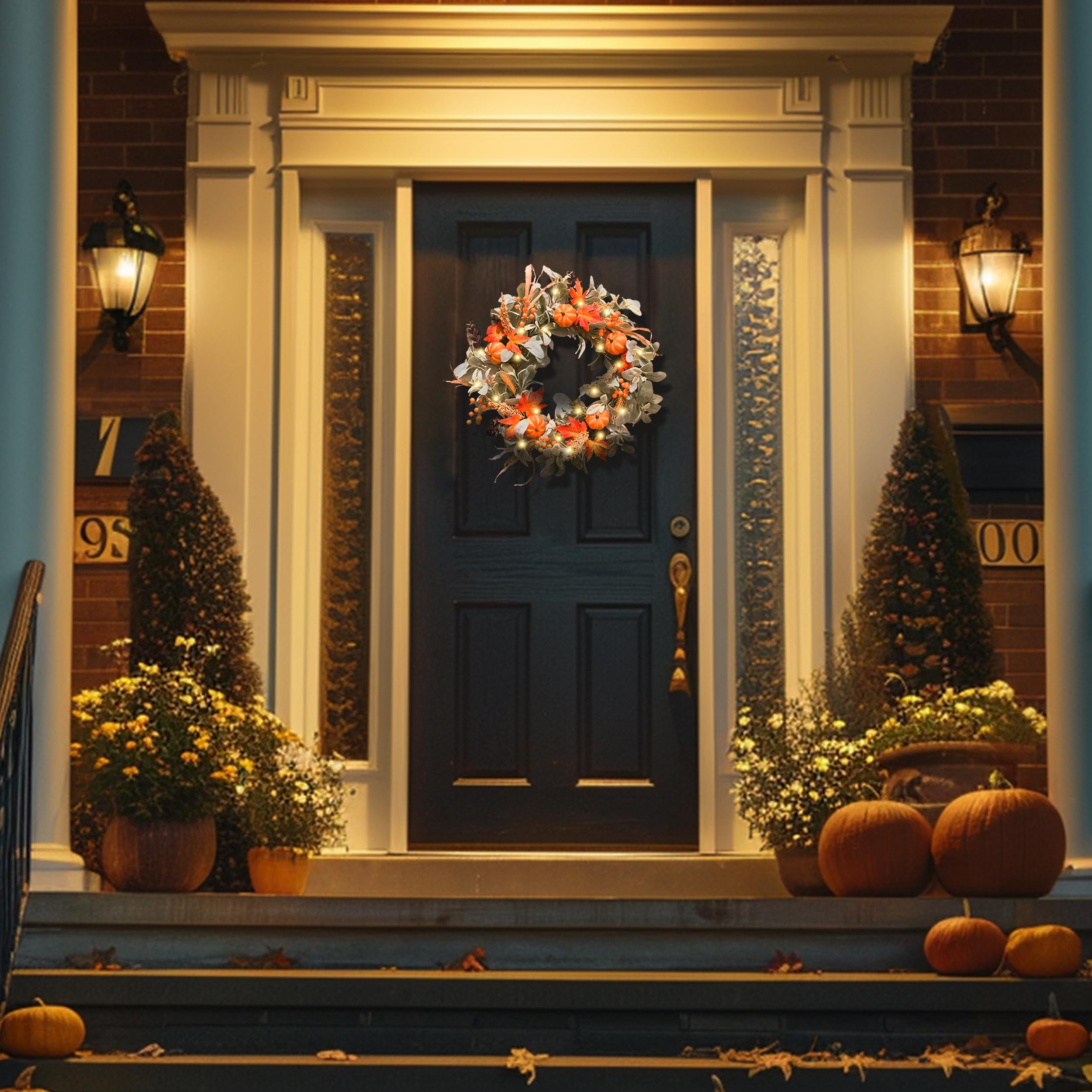Valery Madelyn 24'' Collapsible Fall Wreaths for Front Door, Silk Lambs Ear Autumn Door Wreath with Lights Pumpkins Outdoor Fall