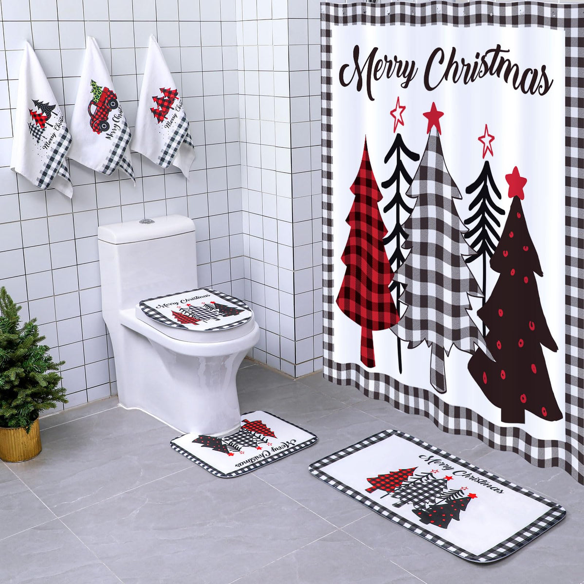 Newwiee 7 Pcs Christmas Bathroom Set Xmas Shower Curtain, Non-Slip U Shape Rug, Toilet Lid Cover, Bath Mat And 3 Washcloth Bathr