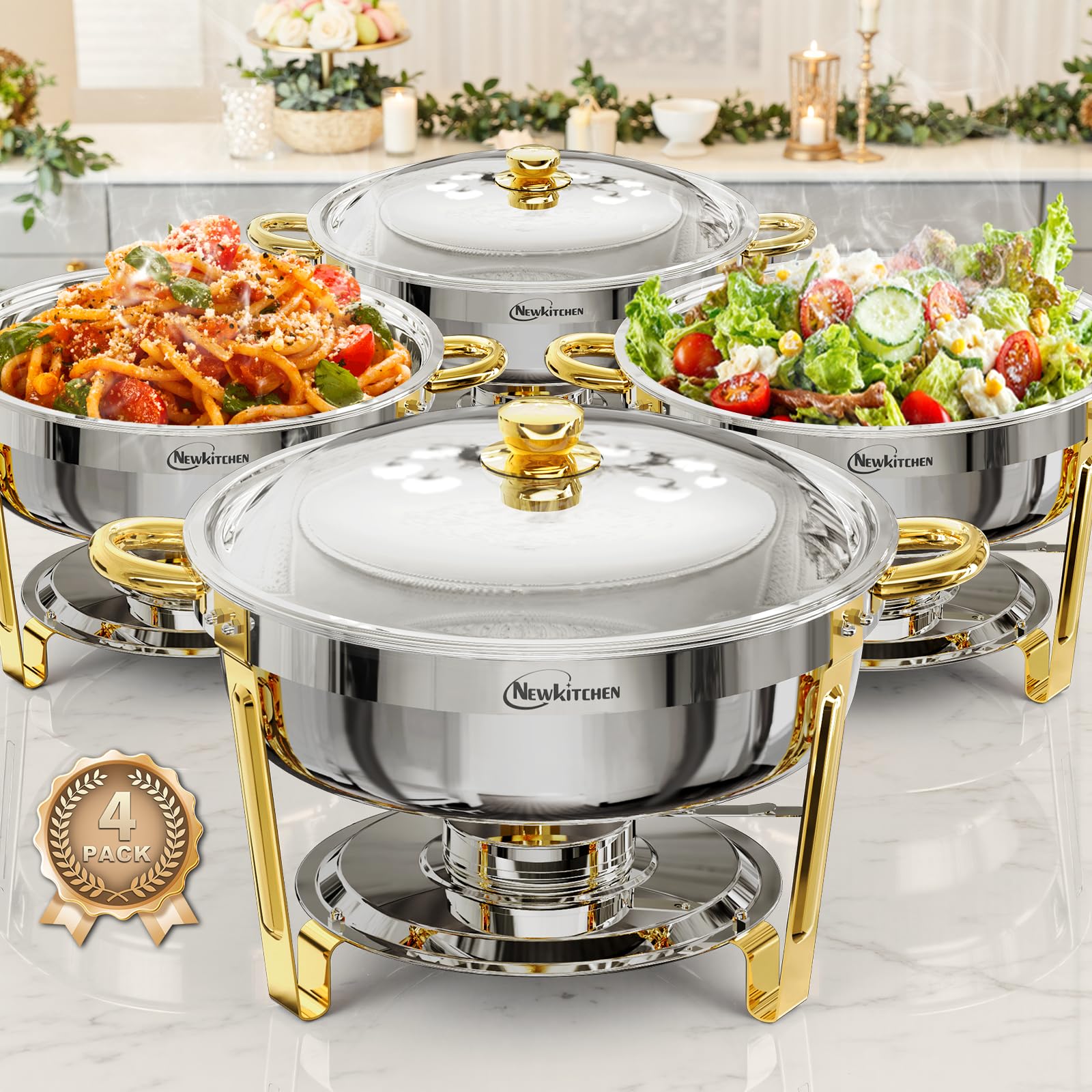 Chafing Dishes for Buffet 4 Pack, 6QT Round Chafing Dishes for Buffet [Elegant Gold and Silver Colors] Stainless Steel Chafing D