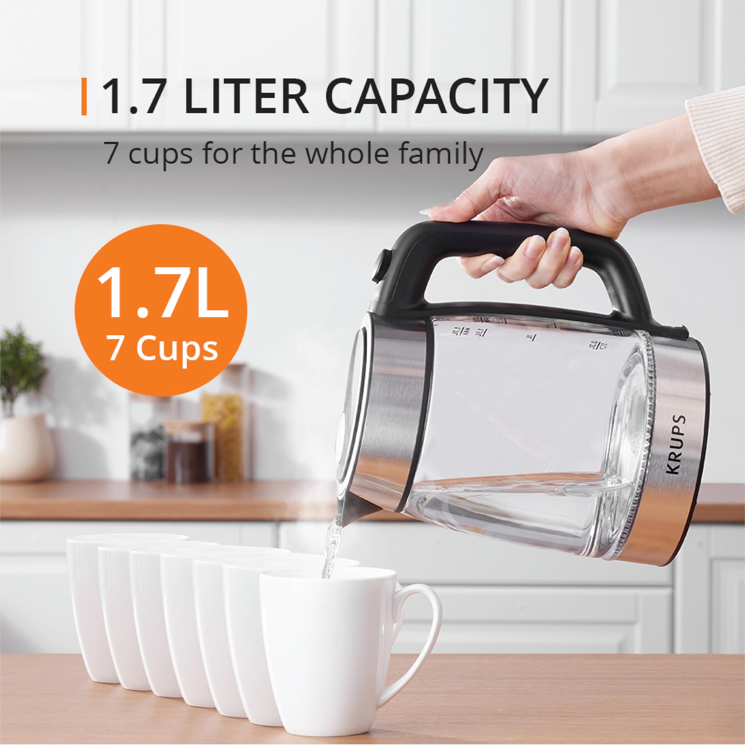 KRUPS 1.7L Glass Electric Kettle - Fast-Boiling 1500W, Auto Shut-Off, Stainless Steel and Black, Model KI700852