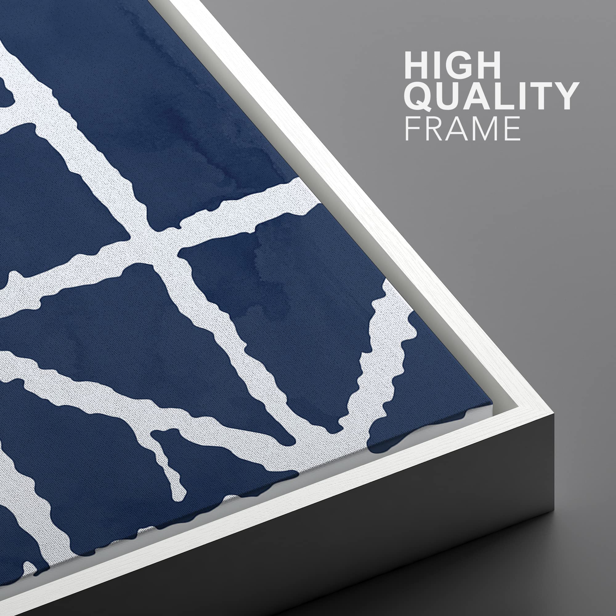 Ashbrook Framed Canvas Print Wall Art White Geometric Striped Grid On Blue Background Abstract Shapes Illustrations Modern Minim