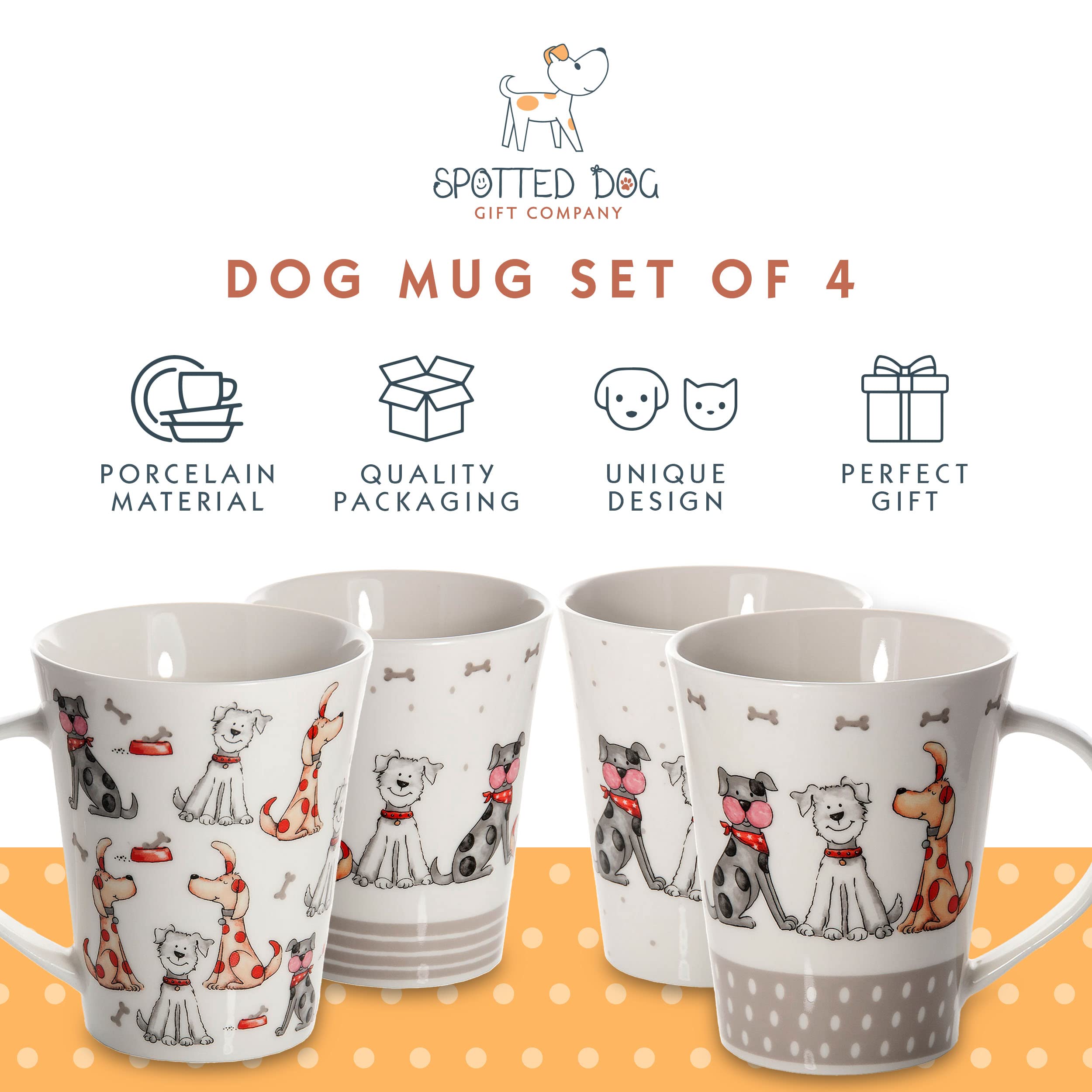 SPOTTED DOG GIFT COMPANY Dog Mugs Set of 4, Multicolor Ceramic Tea Cups, 12.2oz, Dishwasher & Microwave Safe Kitchen Gifts for Women