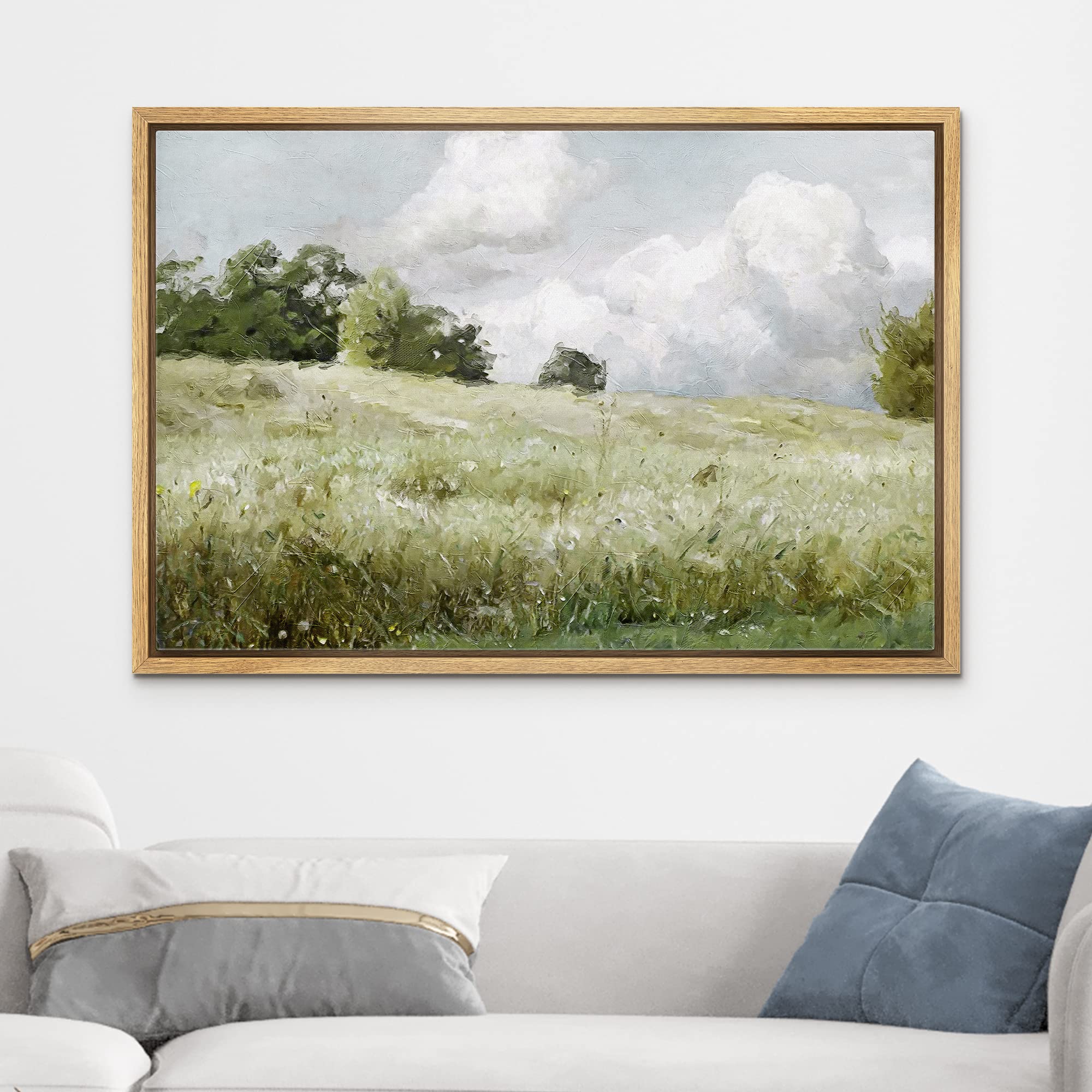 Wall26 Framed Canvas Print Wall Art Green Meadow Under Stormy Clouds Nature Wilderness Illustrations Modern Rustic Colorful Mult