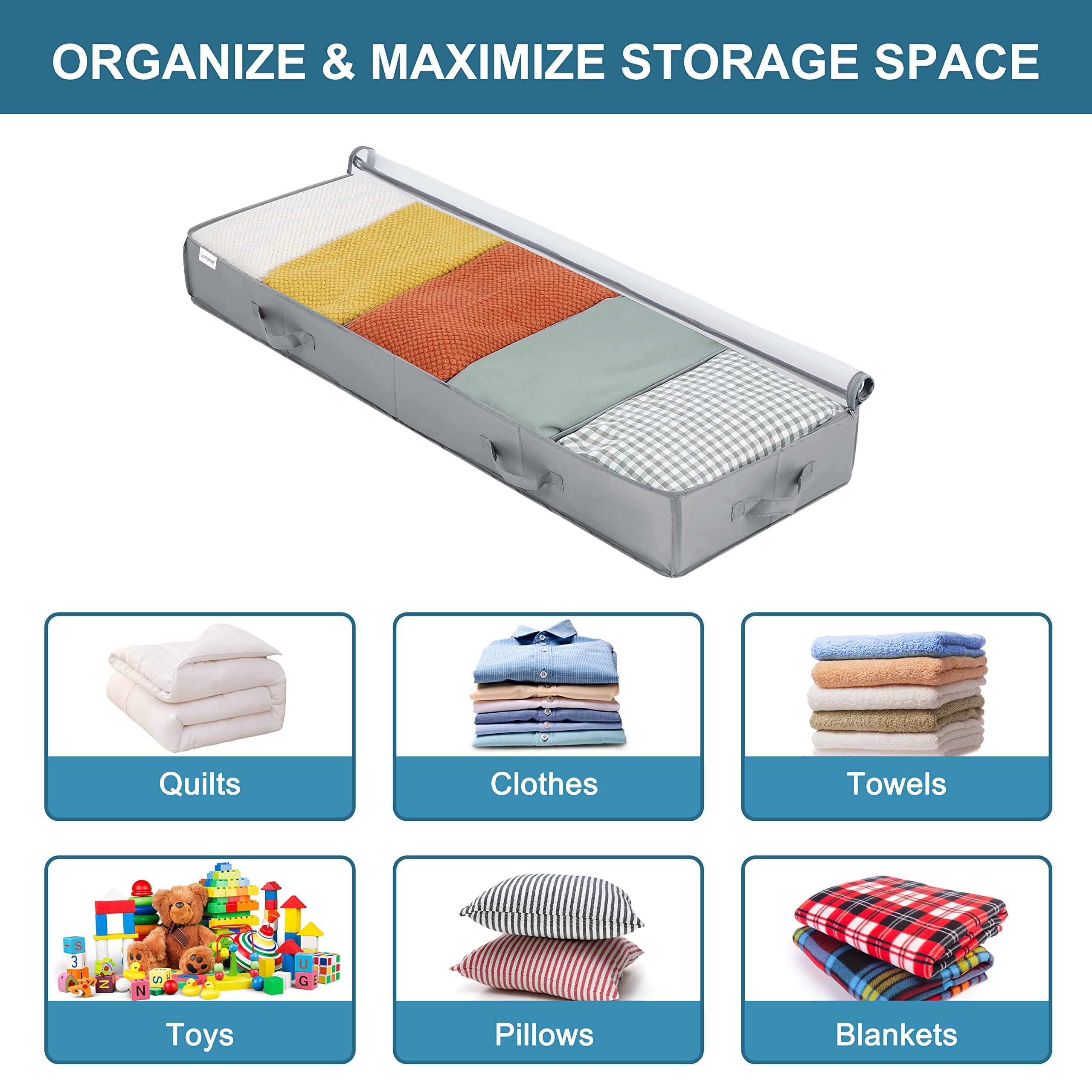 Under Bed Storage Containers, 2 Pack Under the Bed Bags with Dividers, Clear Foldable Underbed Storage Bins, Under Bed Organizer