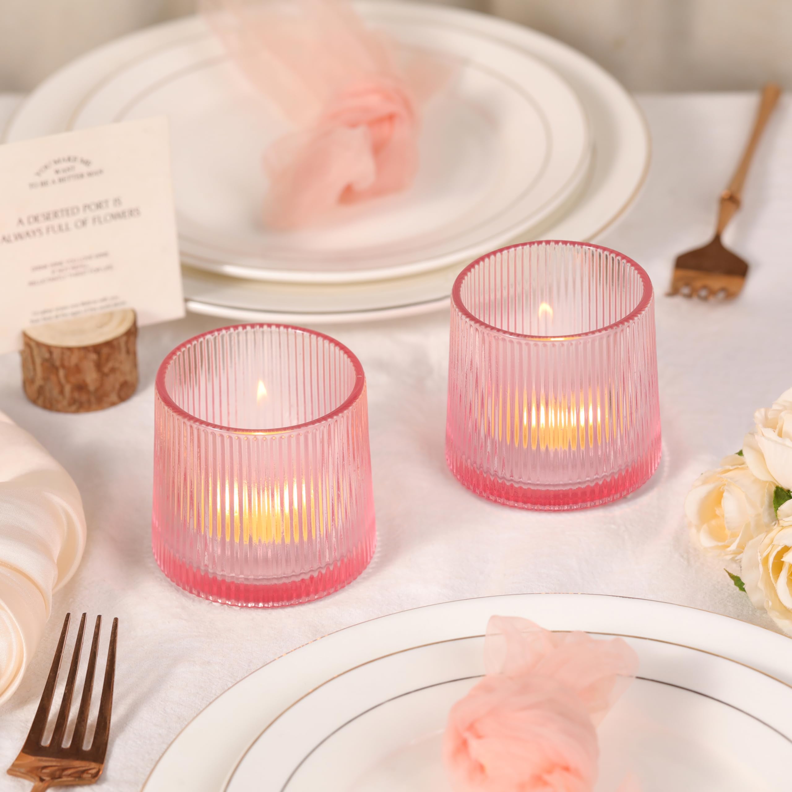 Pink Ribbed Tealight Votive Candle Holders Set of 10- Votive Candle Holders for Table Centerpiece, Tea Light Candle Holder Glass