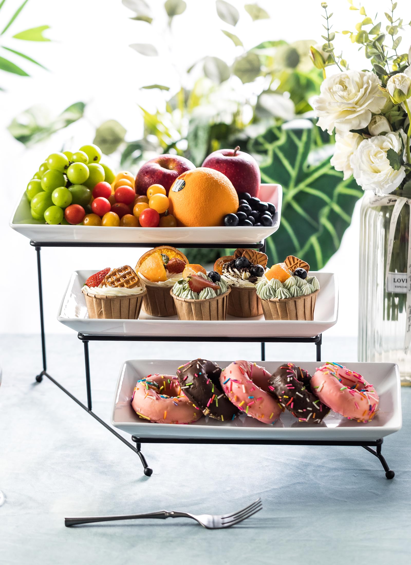Lyeoboh Tiered Serving Stand And Platters Set, Large Tiered Tray Stand, 3 Tier Serving Tray With Collapsible Sturdier Rack, 12 I