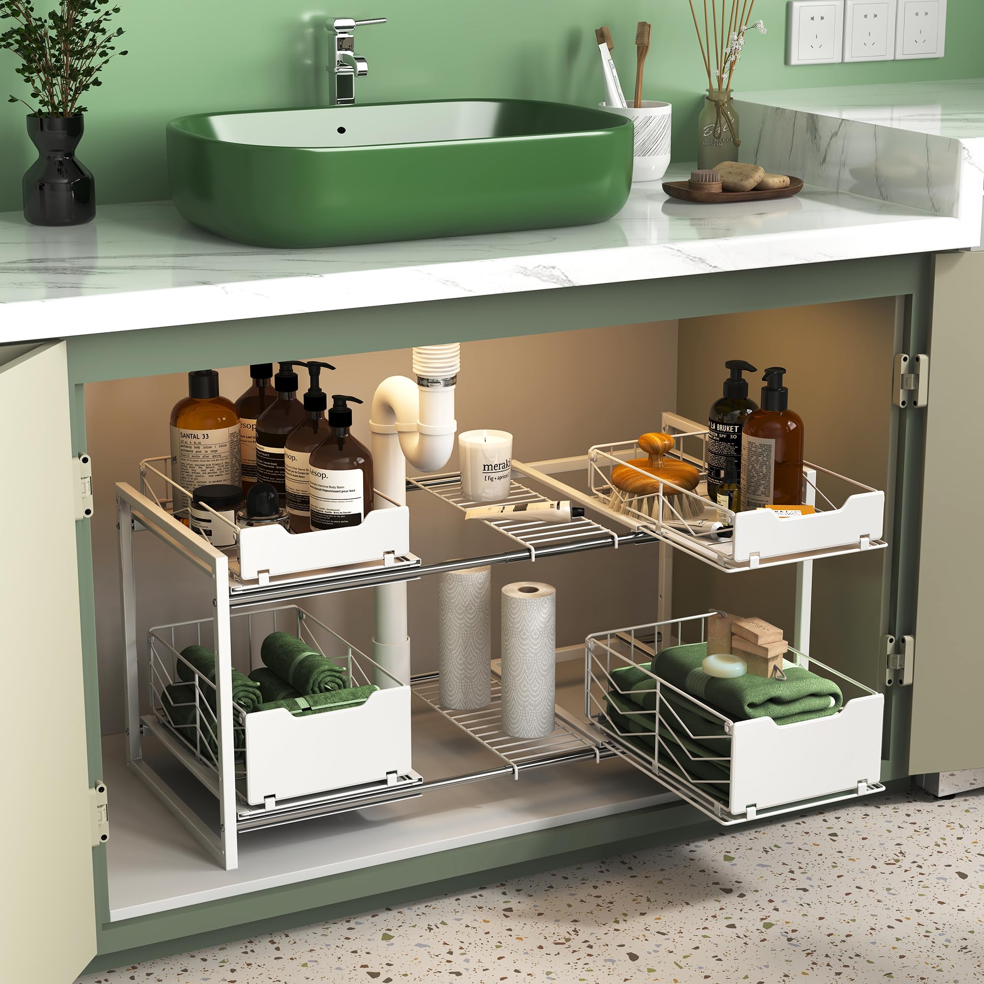 NETEL NETELAdjustable Under Sink Organizers and Storage, 2 Tier Expandable Pull Out Under Sink Organizers and Storage, 4 Pull-Ou