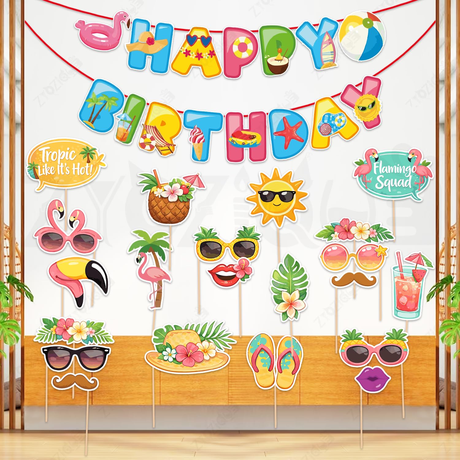 Zyozique Summer Theme Party Decoration Combo Tropical Happy Birthday Paper Banner & PhotoBooth Props Set, Flamingo Summer Beach 