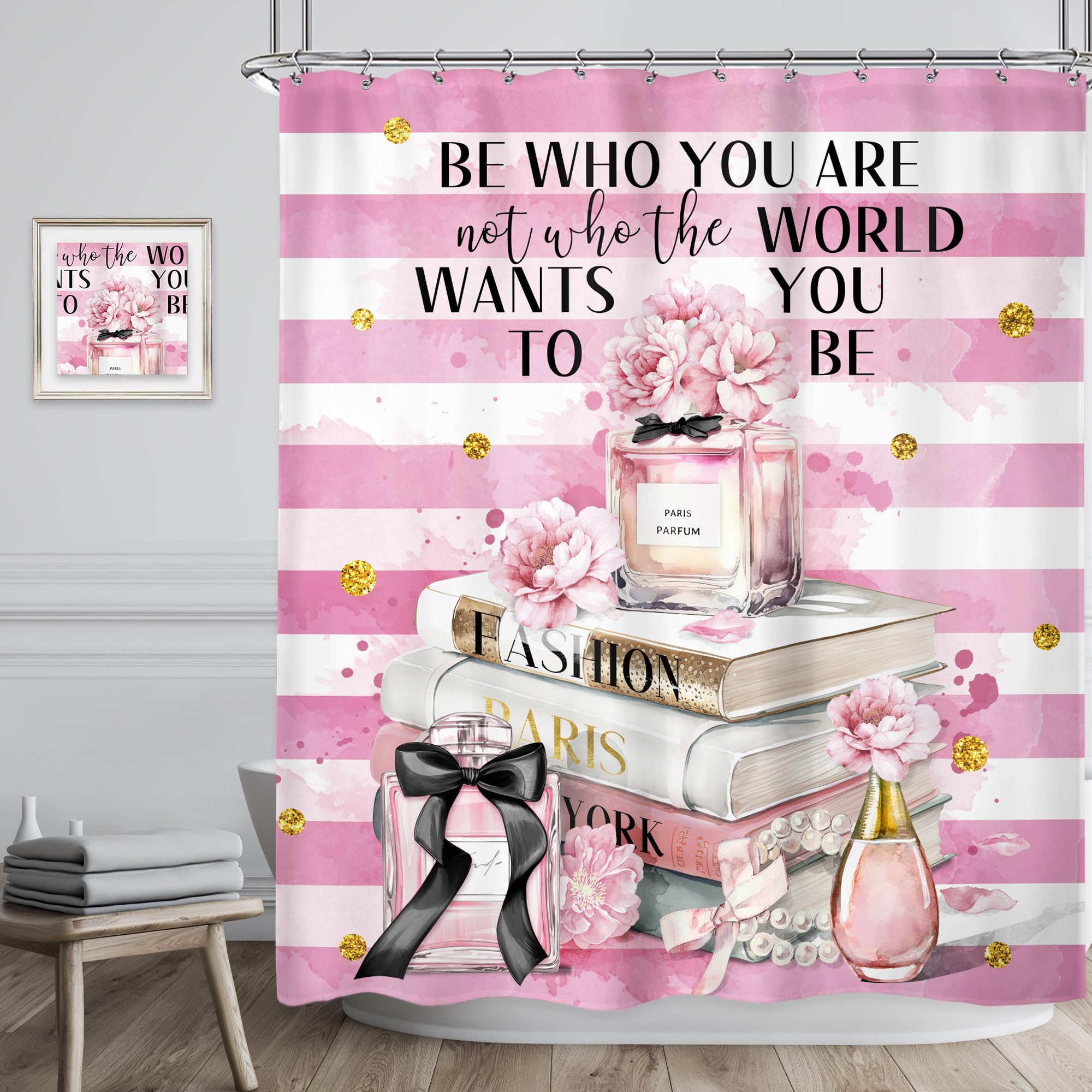 Riyidecor Fashion Shower Curtain 60Wx72H Inch Modern Women Pink White Stripe Magazine Books Perfume Flower Gold Dots Girls Bathroom Decor Fabric Polyester Waterproof 12 Pack Hooks