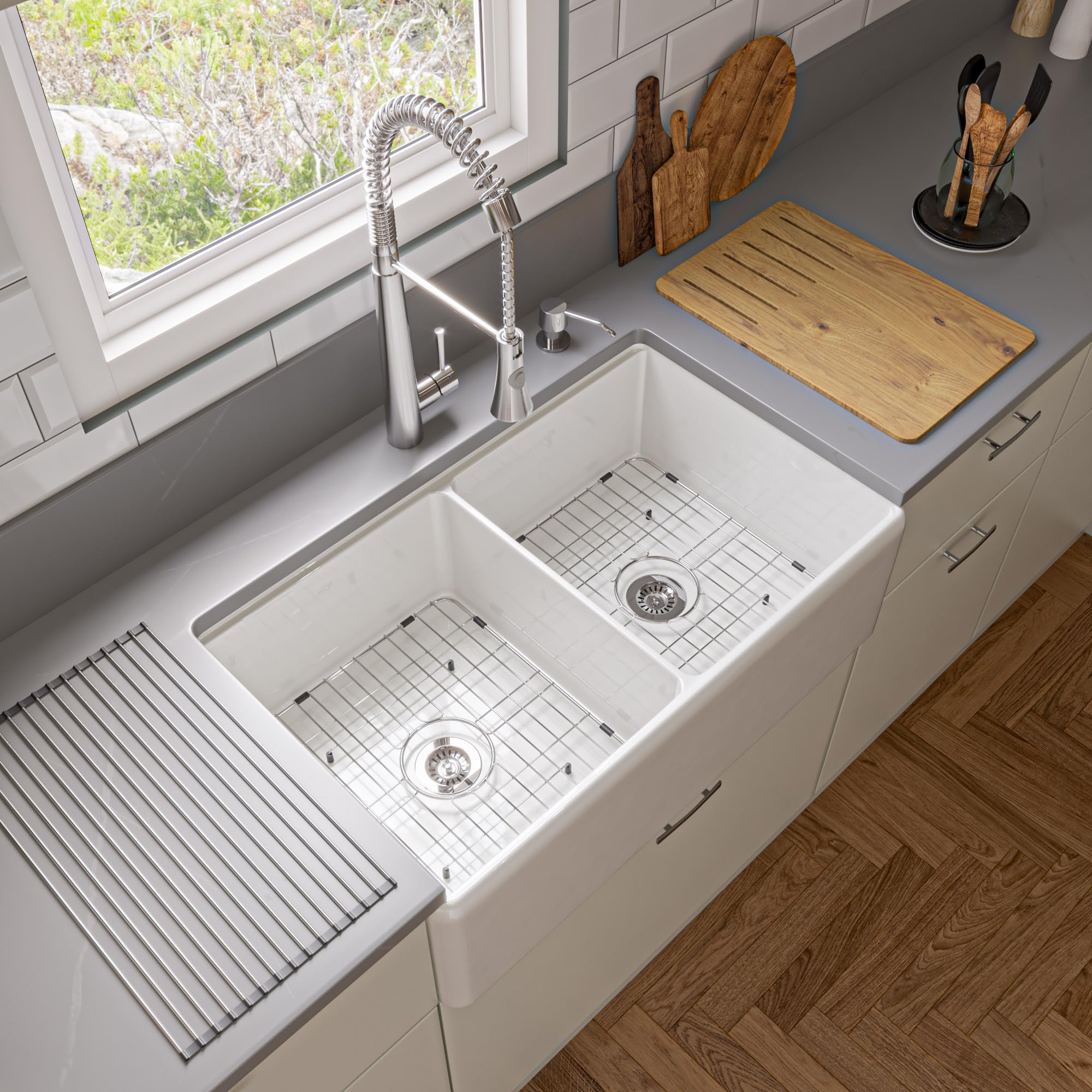 Alfi Brand Abfs3320D-W White 33'' X 20'' Workstation Double Bowl Step Rim Fireclay Farm Sink With Accessories