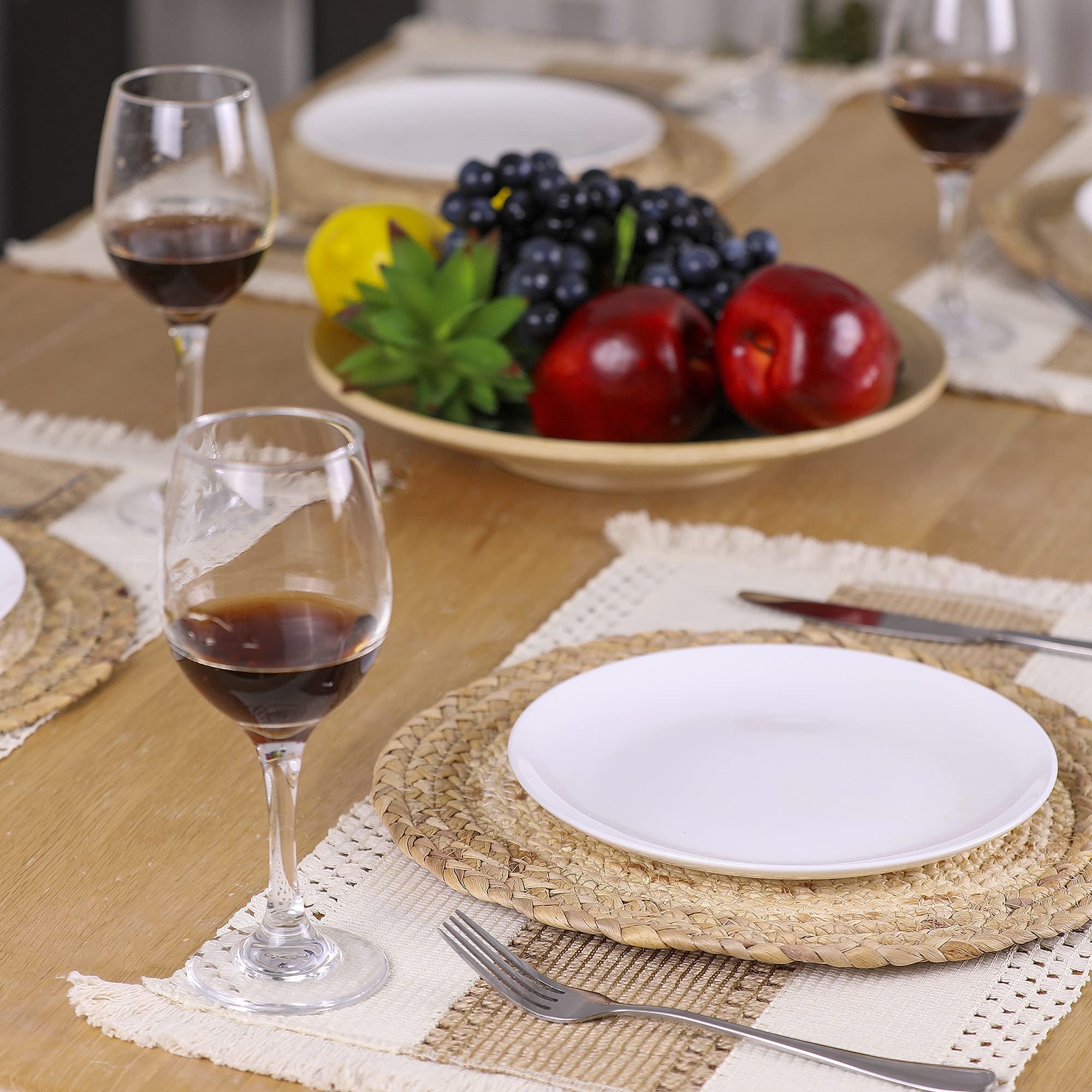 Zology Handmade Boho Placemats Set of 4 - Natural Cotton Burlap and Water Straw Woven Combination Table Mats  Macrame D?cor and Farmhouse Style Placemats  for Dining Table Kitchen