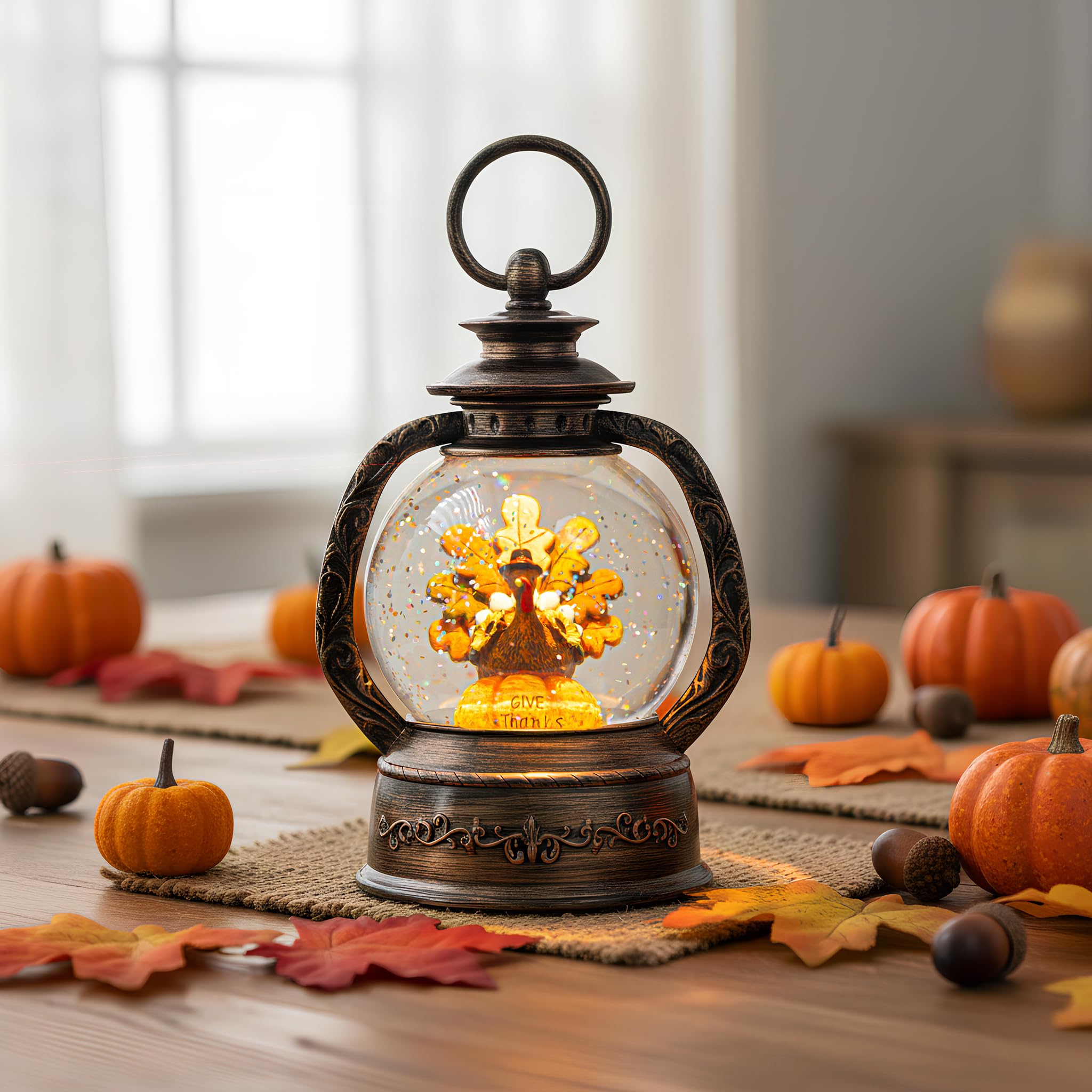 Fall Snow Globe Lantern -Thanksgiving Turkey with Pumpkin Spinning Water Lantern with Swirling Glitter Fall Decorations for Home