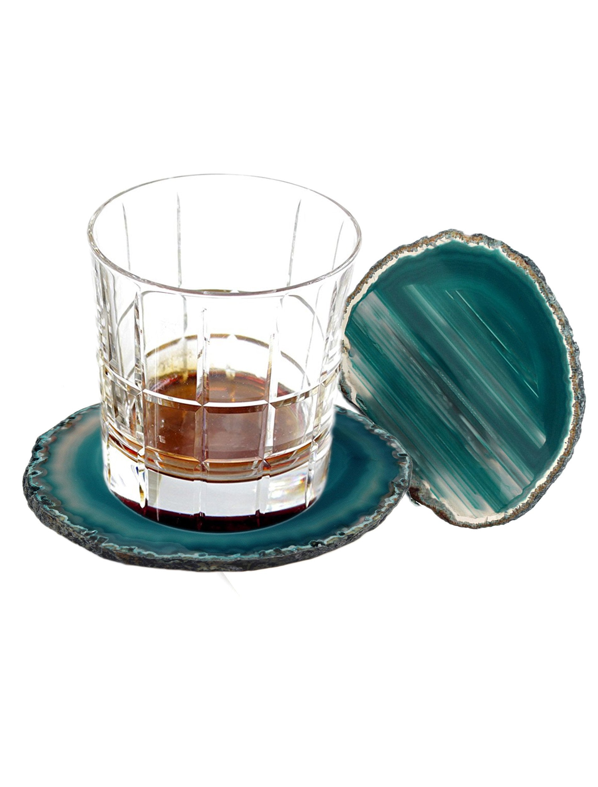 Amoystone Teal Agate Coasters Set Of 4 For Drink, Agate Slice Coaster Large 3.5-4'' Gem Stone Cup Mat For Home And Coffee Table