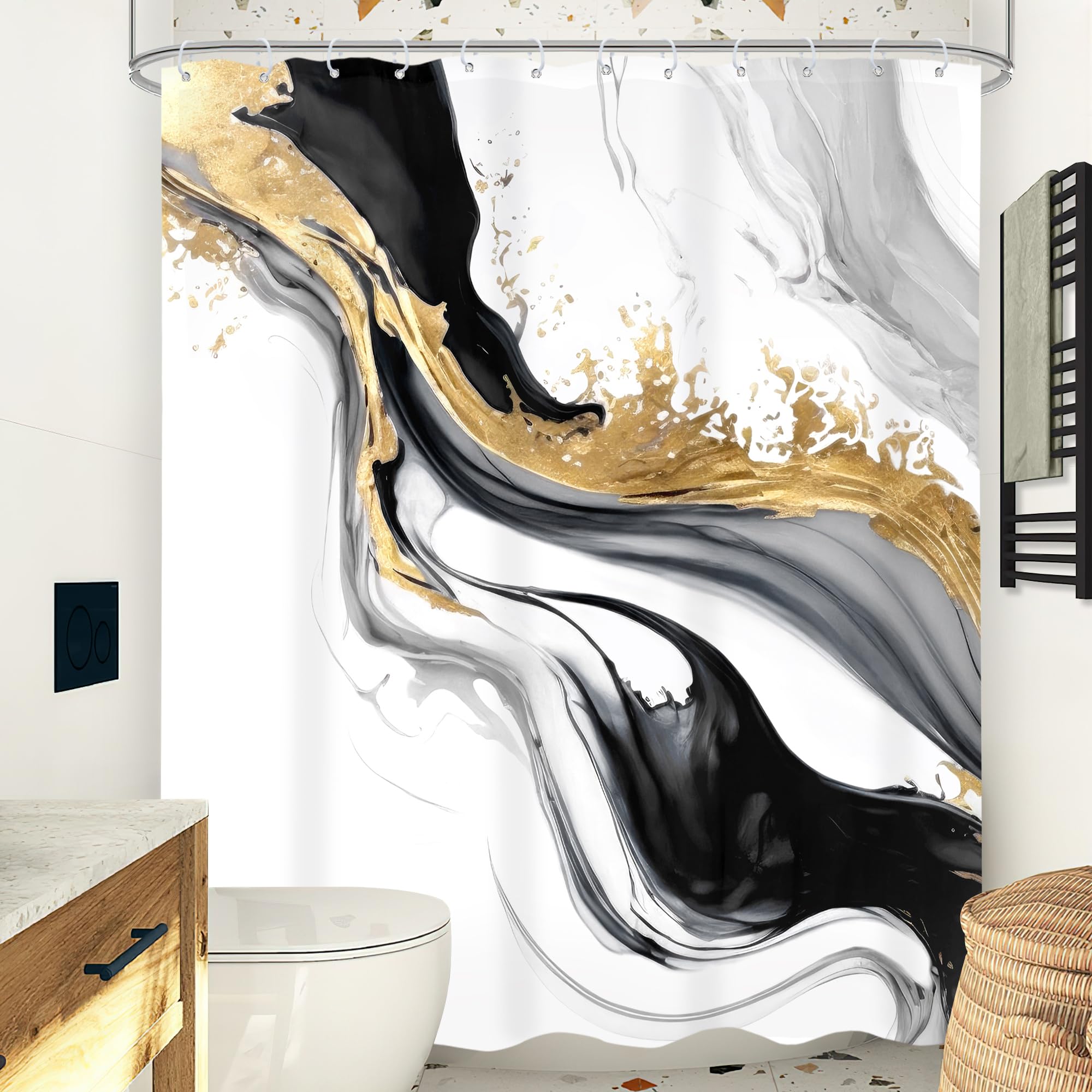 Omifly Black White Gold Marble Shower Curtain 60Wx72H Inch Abstract Modern Luxury Ink Texture Minimalist Gray Ombre Aesthetic Fl