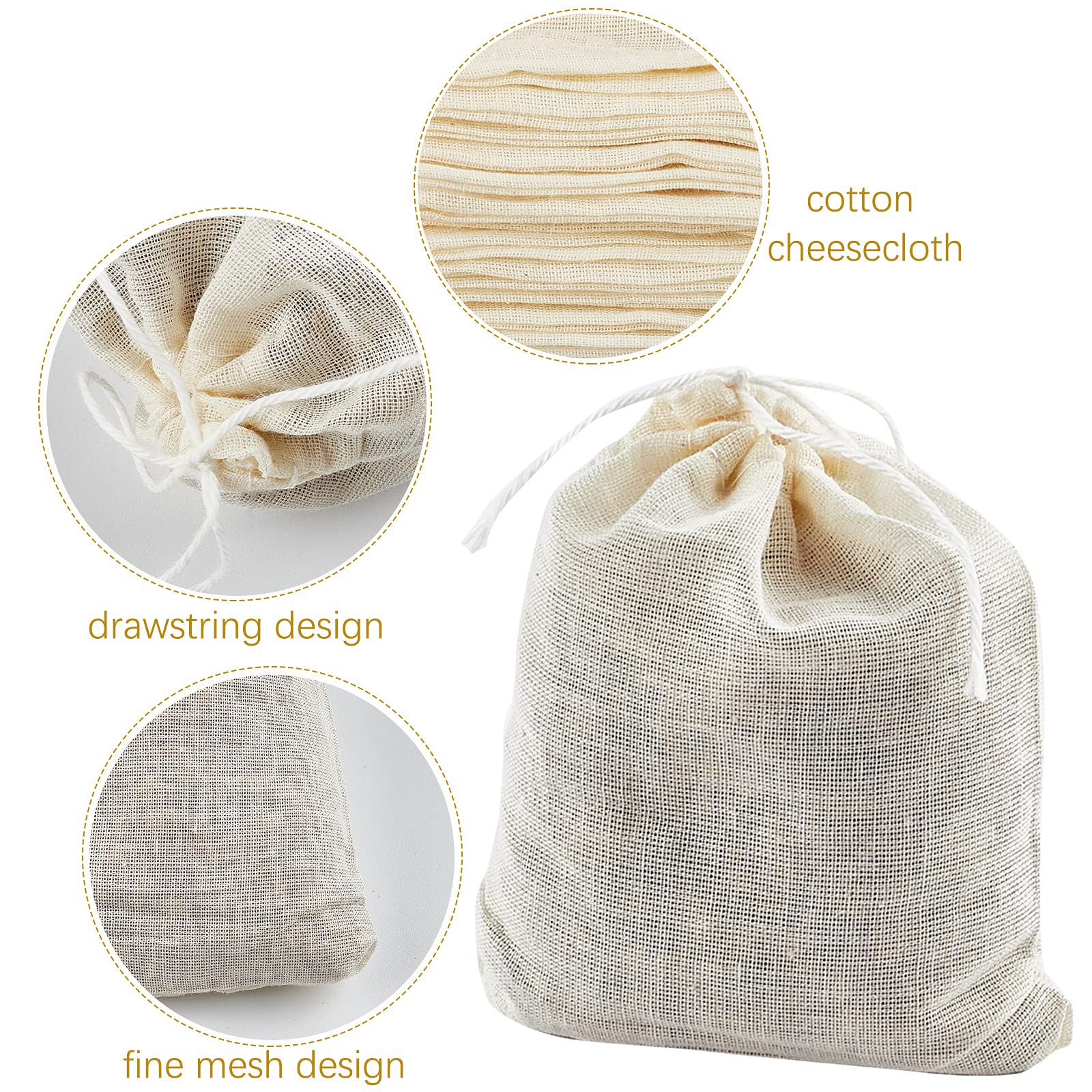 Tuzazo 50 Pack Reusable Tea Bags, Natural Unbleached Cotton Cheesecloth Bags For Straining, Drawstring Muslin Bags, Sachet Bags,