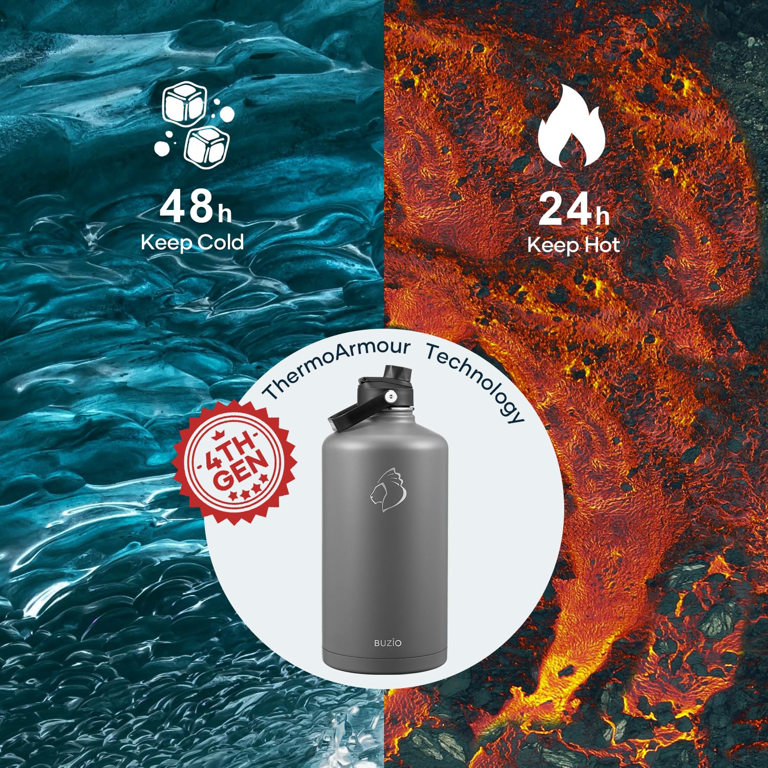 BUZIO Gallon Water Bottle Insulated, 128 oz Large Water Jug Vacuum Stainless Steel Big Metal Flask (Cold for 48 Hrs), Leak Proof
