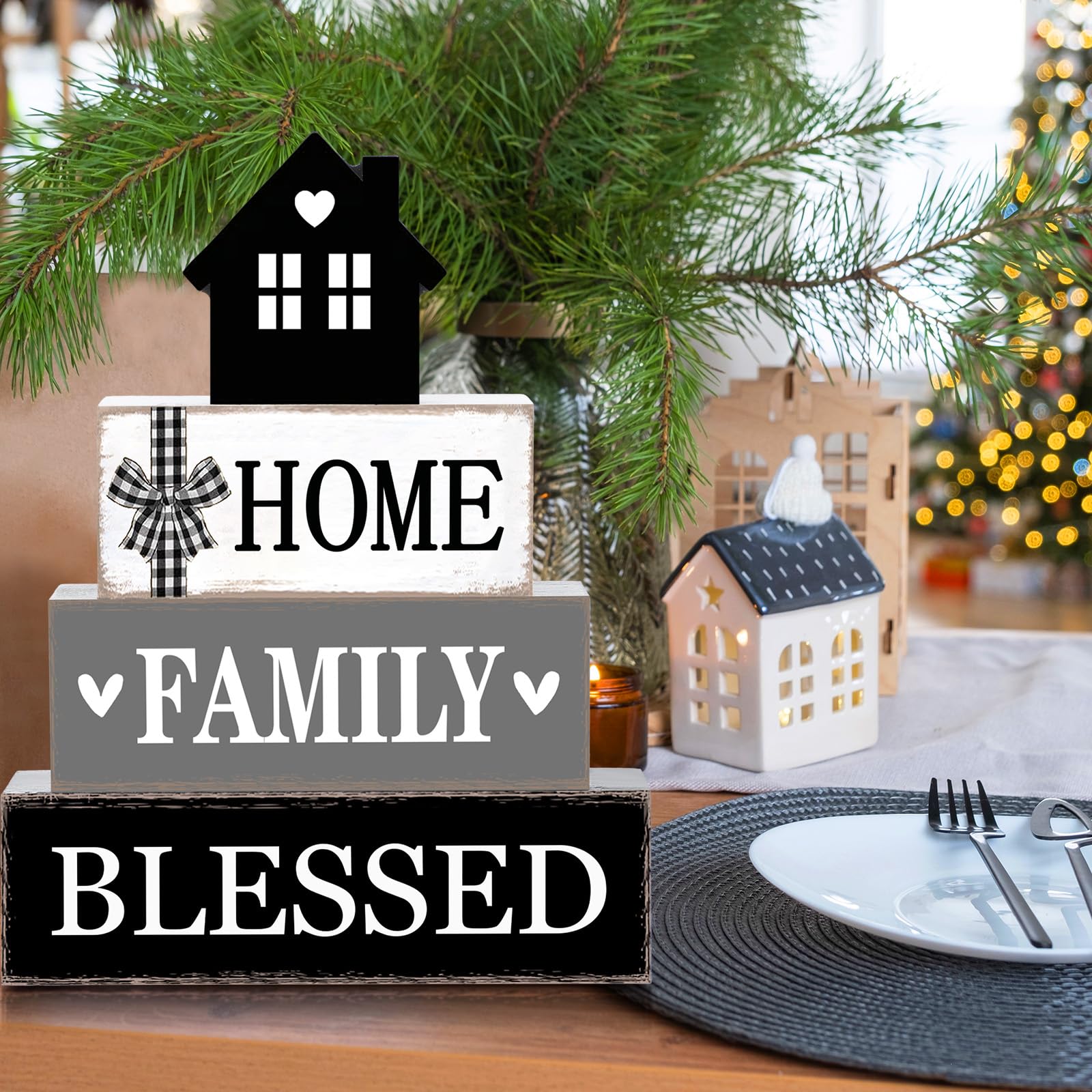 Cinnvoice Rustic Farmhouse Table Decor Blessed Signs for Home Decor Neutral Home Family Wood Sign Black and White Modern Tableto