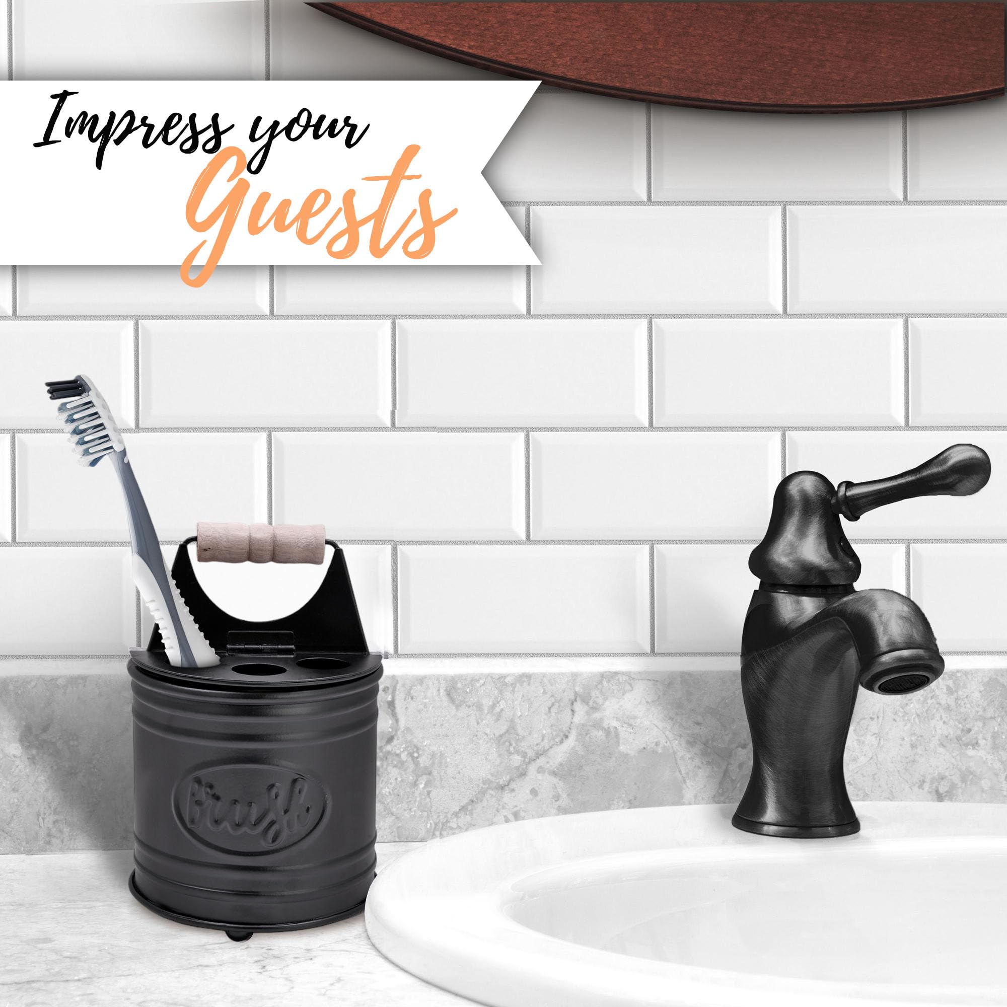 Autumn Alley Adorable Farmhouse Toothbrush Holder for Bathroom - Black Rustic Bathroom Accessories - Galvanized Country Decor - Fun Rustic Design with Toothpaste & Electric Toothbrush Compartment