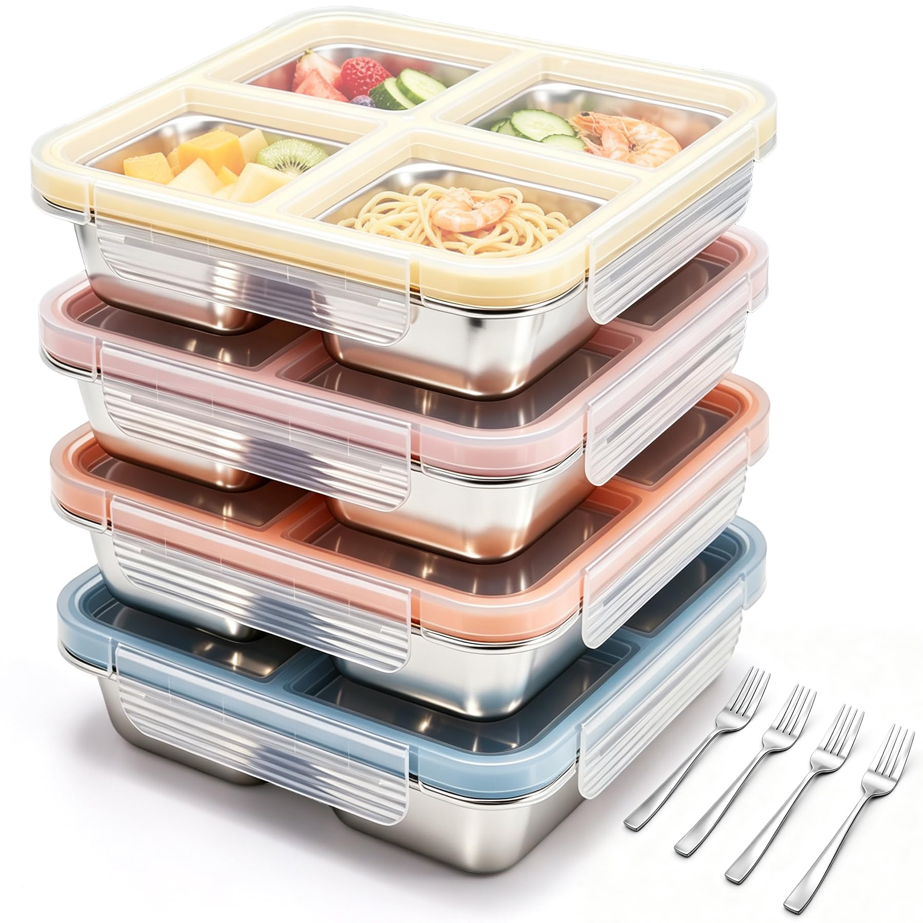 Malist 4 Pack 4Compartment Stainless Steel Containers with 4 Steel Forks