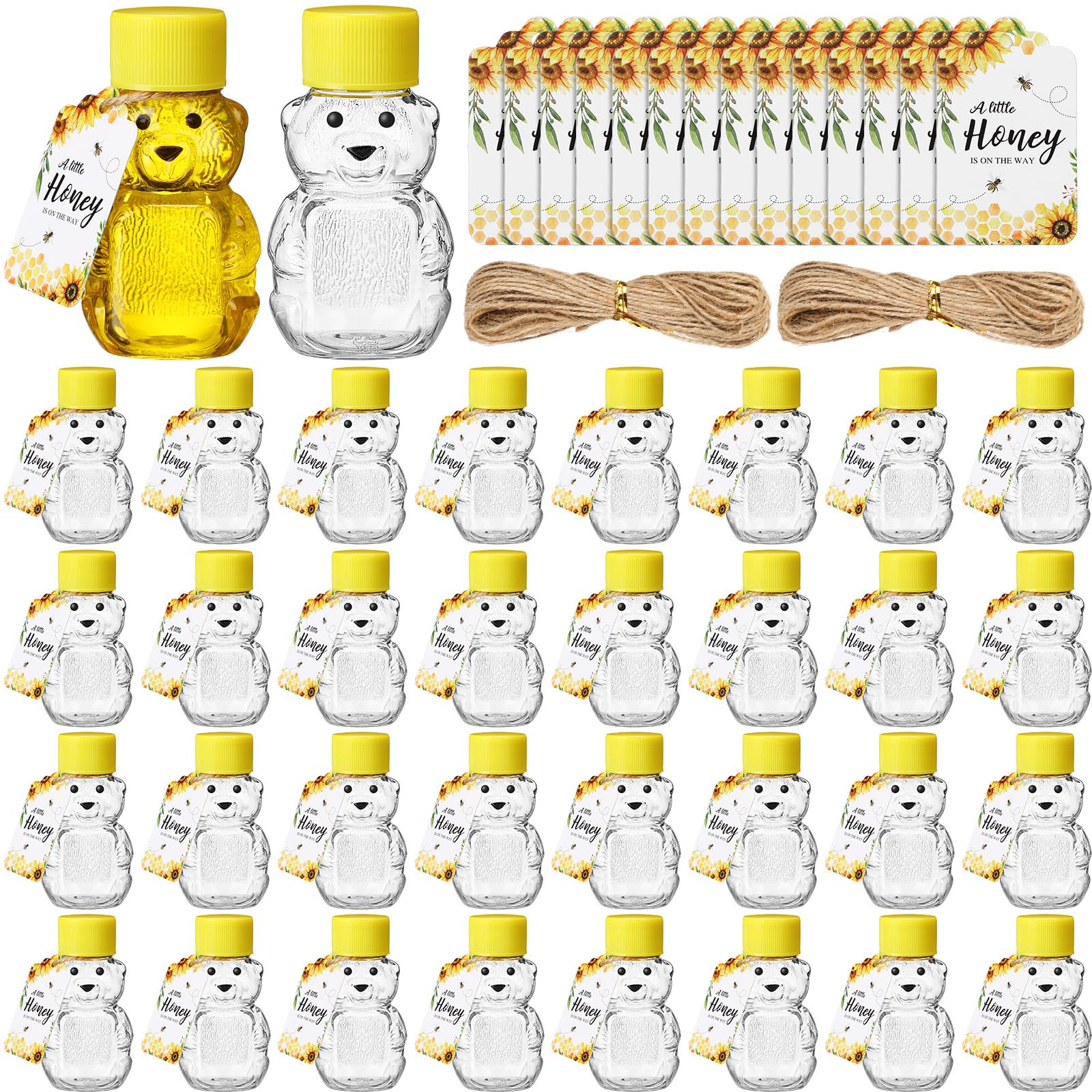 Foldtier 50 Sets 2Oz Plastic Honey Bear Bottle Gifts 50 Bear Shape Clear Empty Honey Jar With Screw Yellow Lid 50 Tags 2 Rolls J