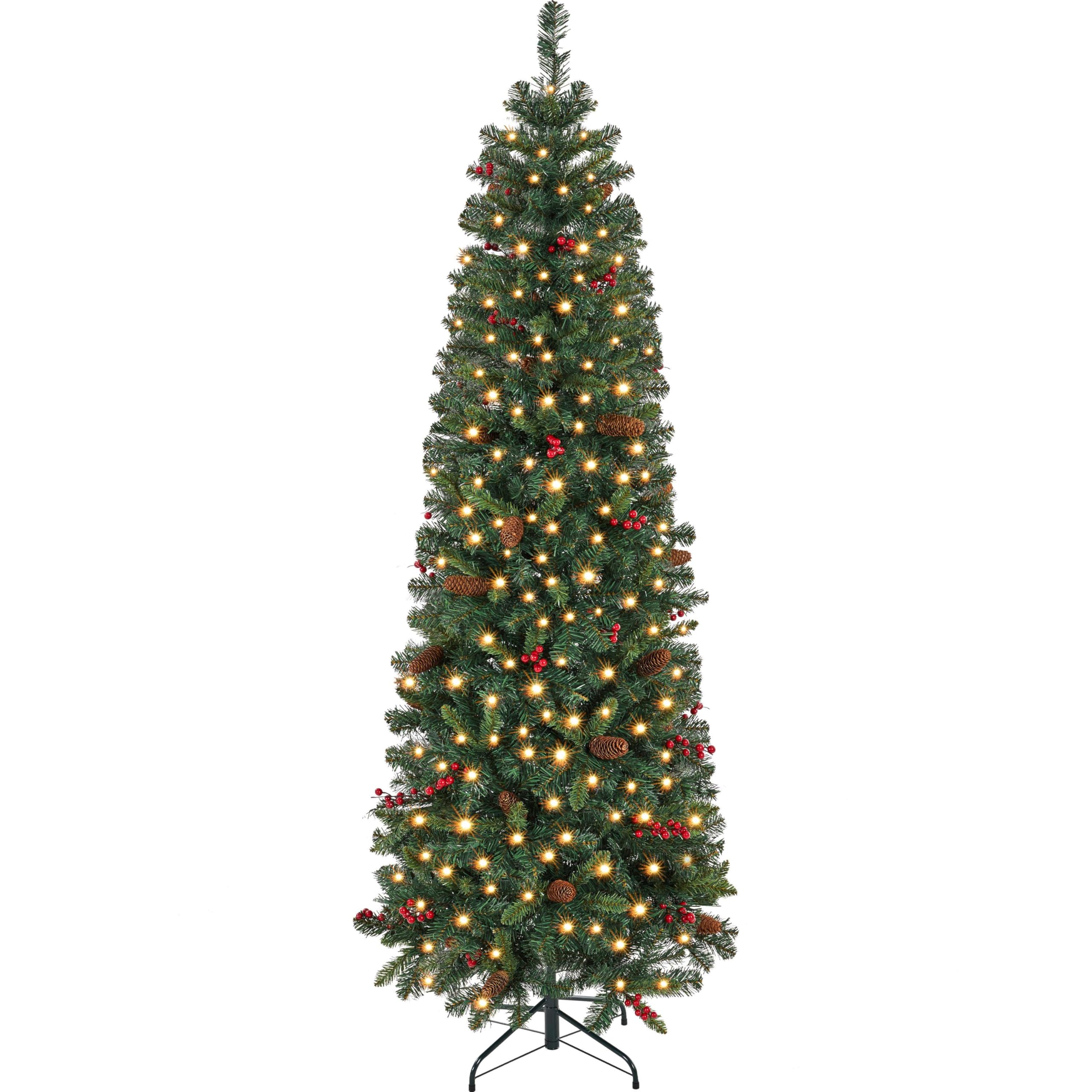 Yaheetech 7.5ft Pre-lit Pencil Spruce Christmas Tree, Artificial Slim Xmas Fir, Pre-Decorated for Home, Office, Party, Holiday D