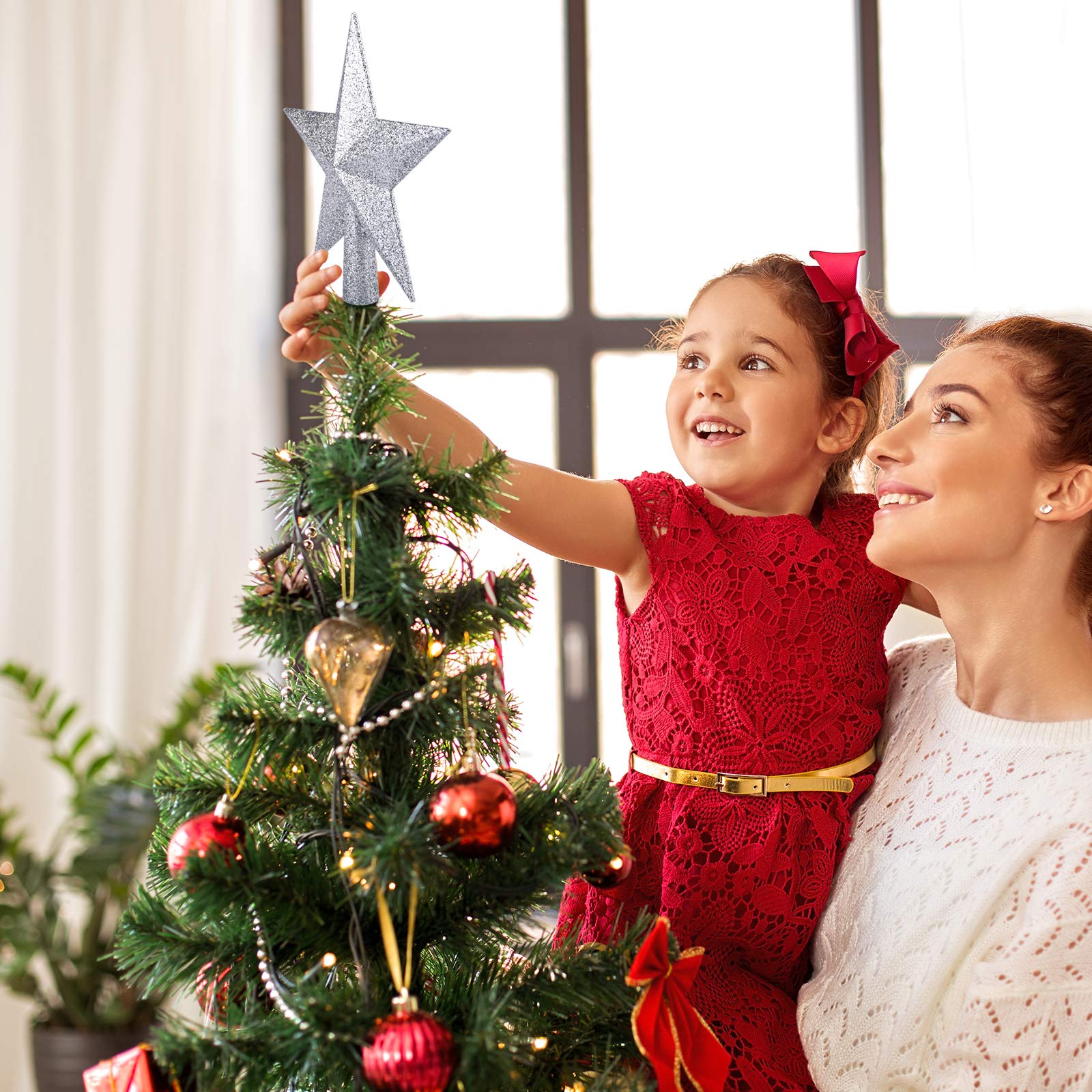 Livder 8 Inches Christmas Tree Top Crown Glitter Star Decoration (Silvery)