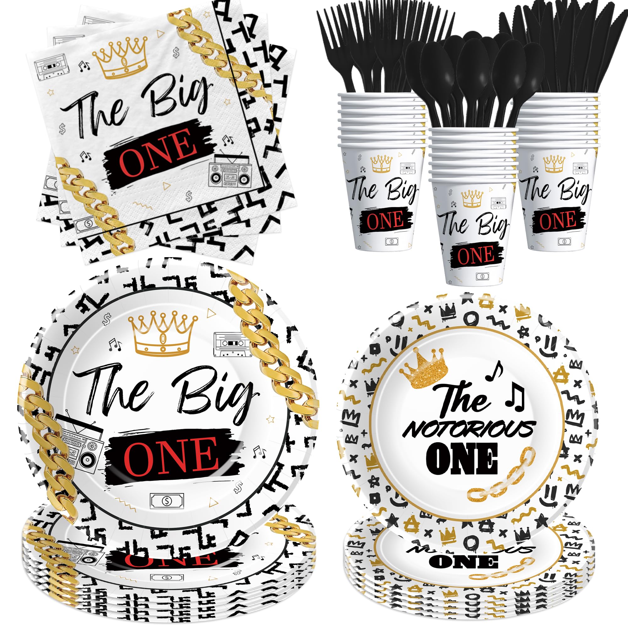 FVABO The Big One Birthday Decorations Tableware for Kids, Notorious 90s Hip Hop 1st Birthday Party Supplies, Disposable Paper 