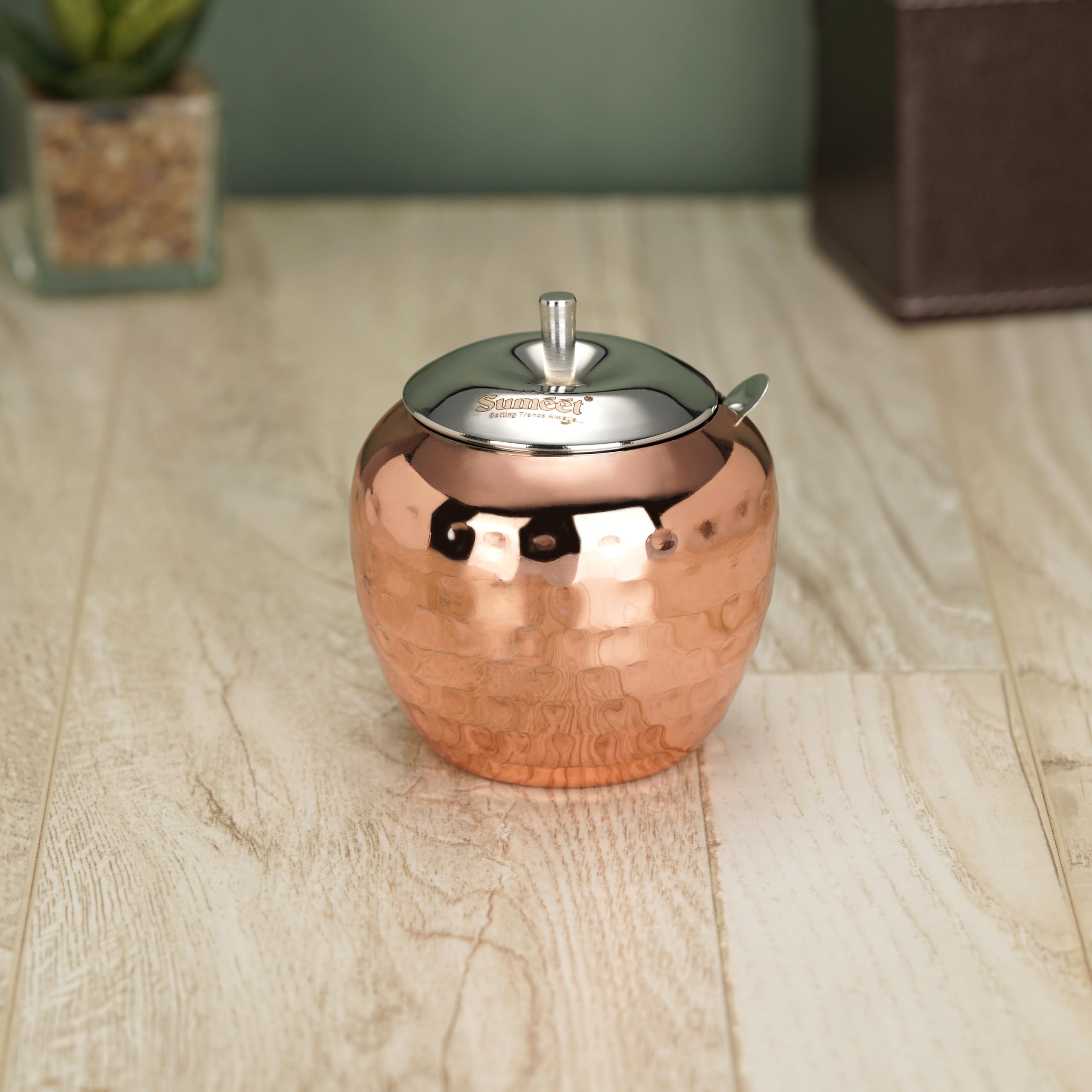 Sumeet Stainless Steel Copper Coated Handcrafted Hammered Ghee And Oil Pot, Storage Container With Spoon For Kitchen And Pooja, 