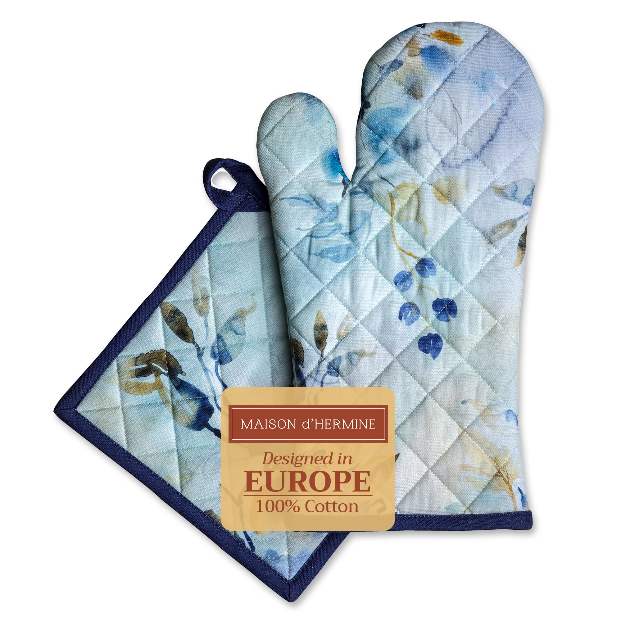Maison d' Hermine Oven Mitt + Pot Holder 100% Cotton Heat Resistant Kitchen Oven Gloves (7.5''x13'') & Hot Pads (8''x8'') for Gifts  Chef  Women & Men Parties  Lazy Summer Days - Spring/Summer