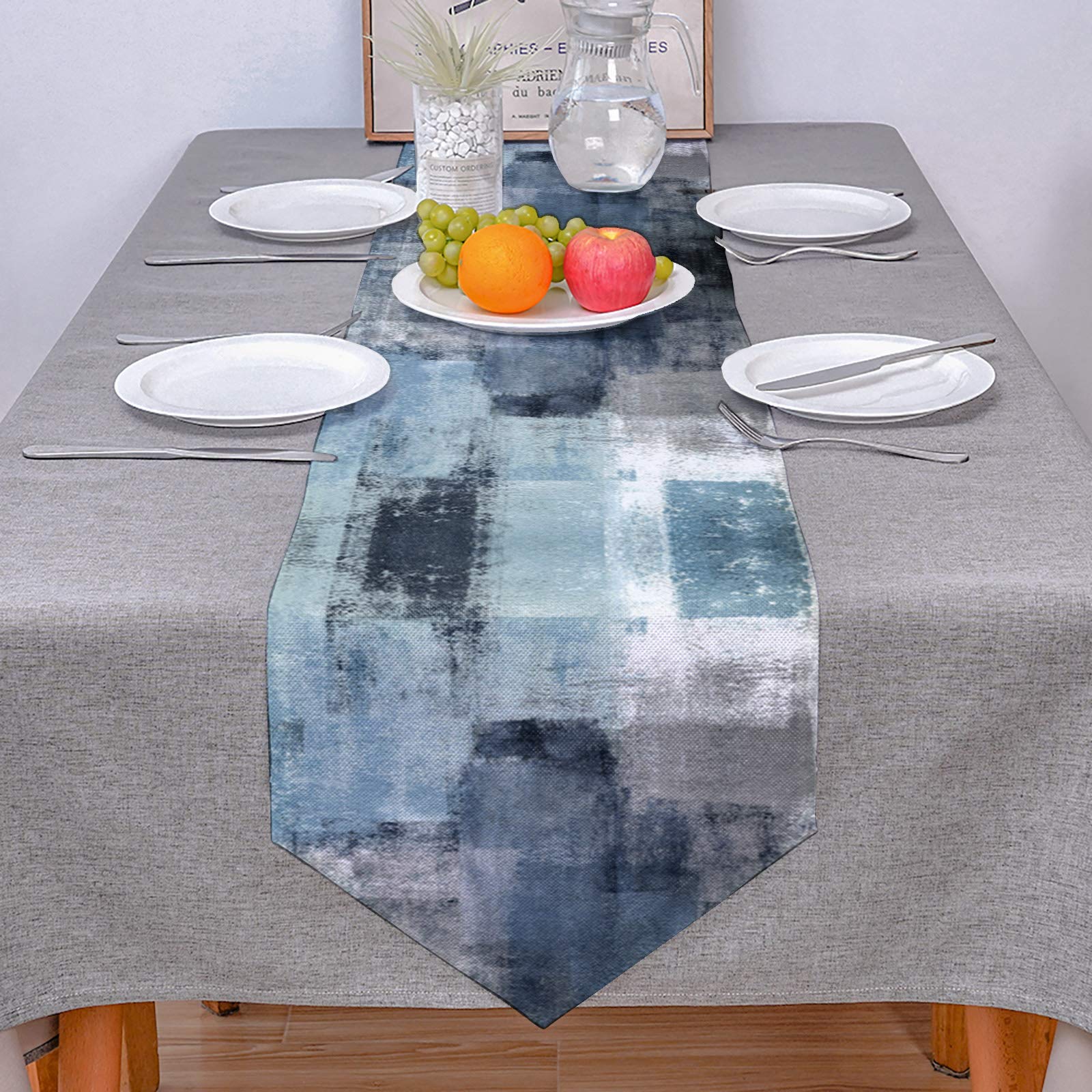 Abstract Art Painting Table Runner Farmhouse Style Burlap Table Runner Blue And Grey Table Runners For Family Kitchen Dinning Ta