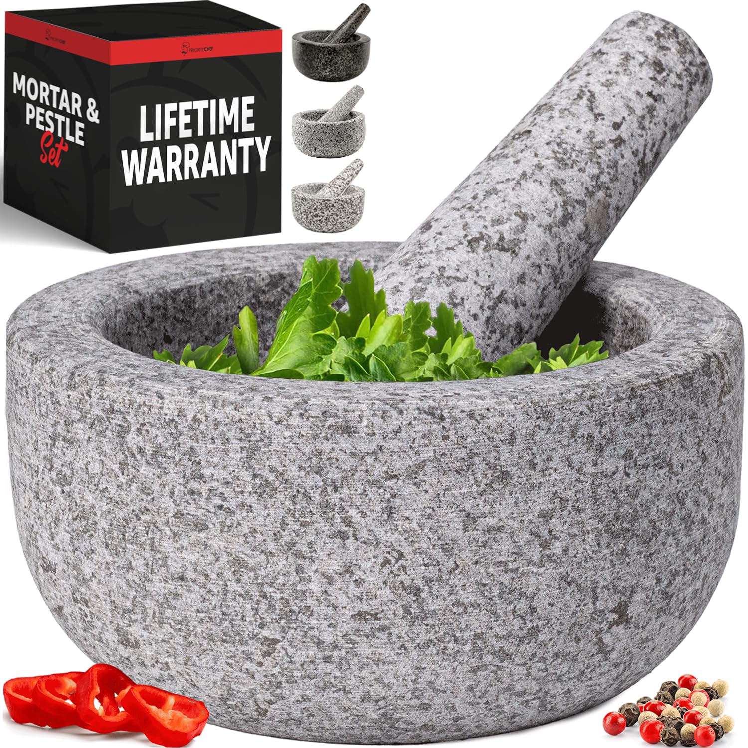 Priority Chef Heavy Duty Small Mortar and Pestle Set, 1.5 Cup, Make Fresh Guacamole, Salsa, Stone Grinder Bowl, Herb Crusher, Sp