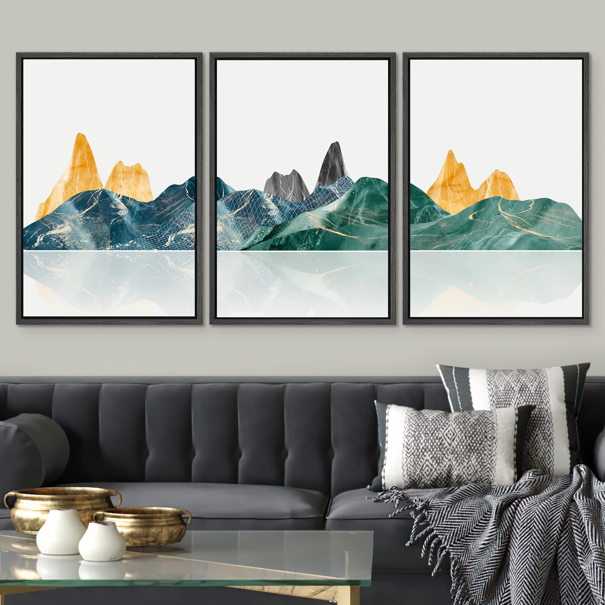 Signwin Framed Canvas Print Wall Art Set Gold Teal Vibrant Mountain Landscape Nature Wilderness Illustrations Modern Art Decorat