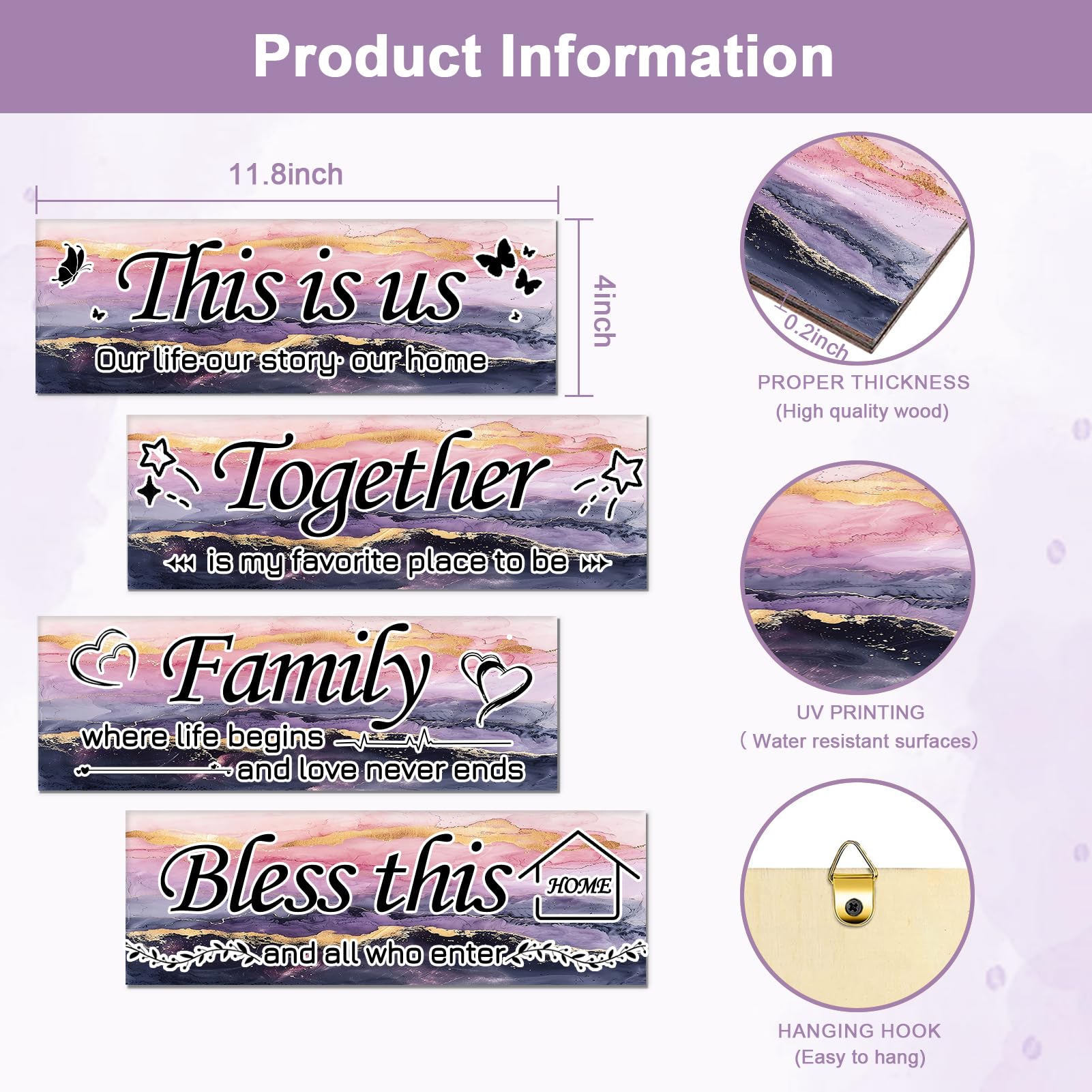 Lnond 4 Pieces Pink Purple Gold Marble Living Room Wall Decor, Motivational Home Family Rustic Wall Art Decor for Bedroom Living