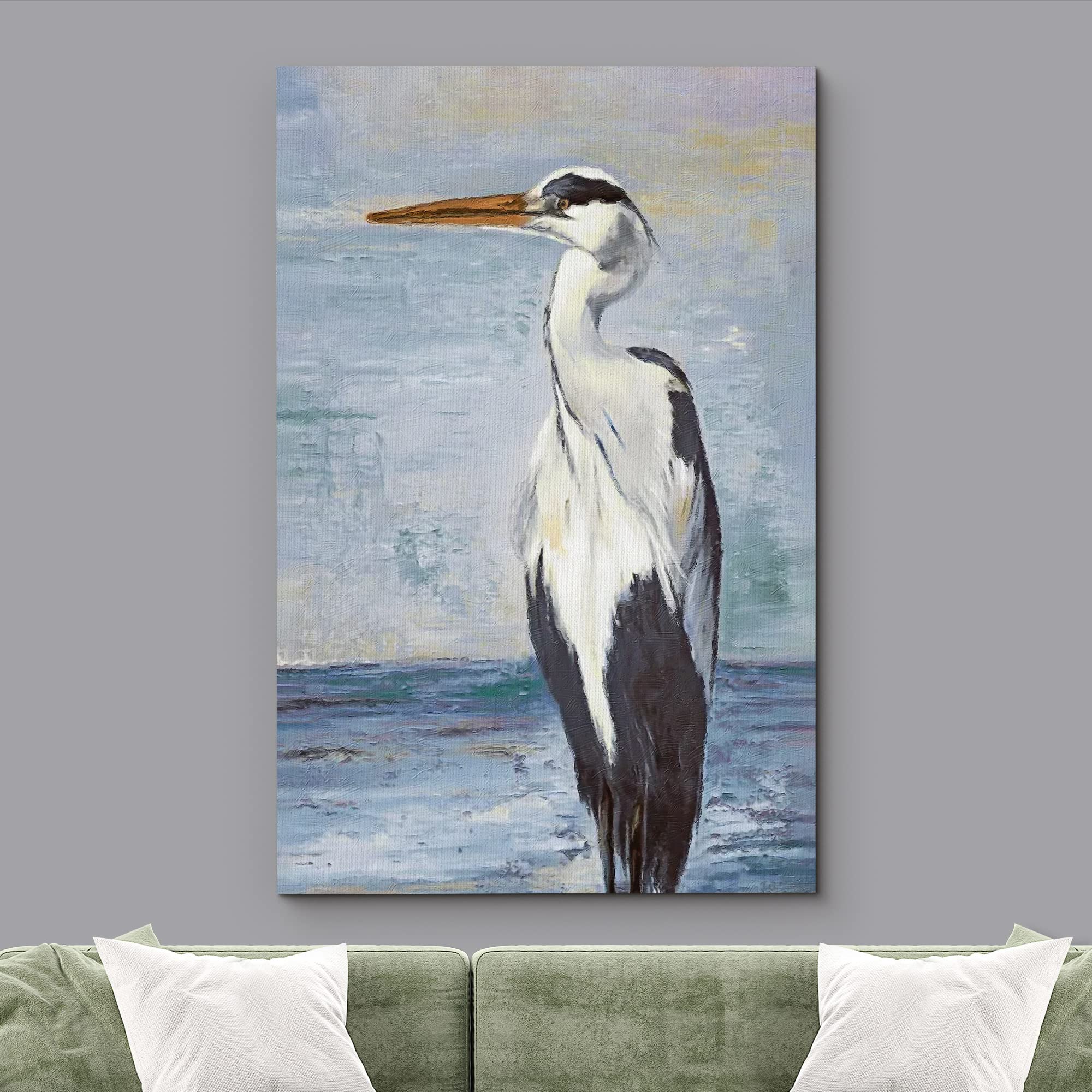 Wall26 Canvas Print Wall Art Blue Beach Wave Ocean Sea Crane Bird Nature Wilderness Illustrations Modern Art Decorative Multicol