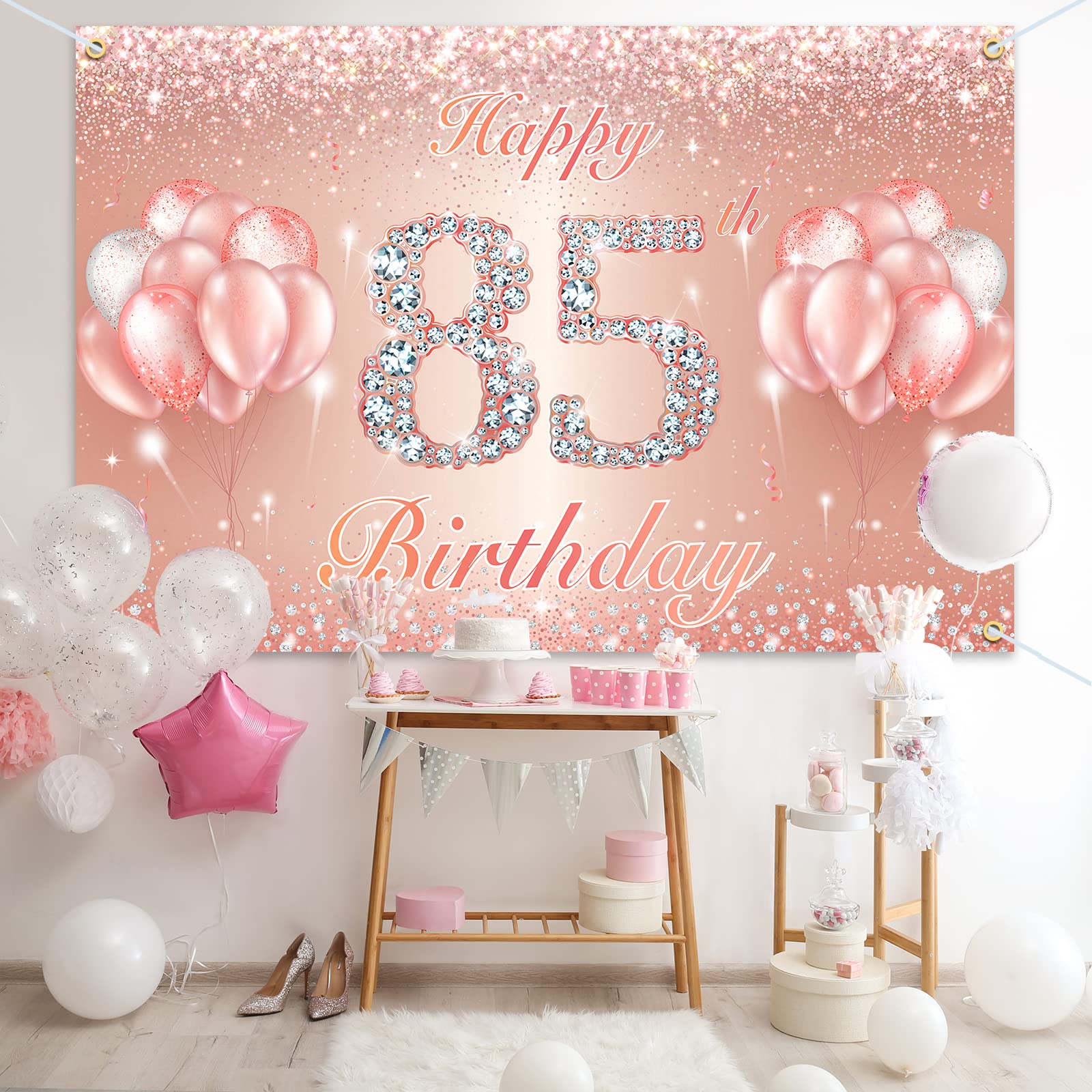 Happy 85Th Birthday Banner Backdrop - 85 Birthday Party Decorations Supplies For Women Or Men - Rose Gold 4 X 6Ft