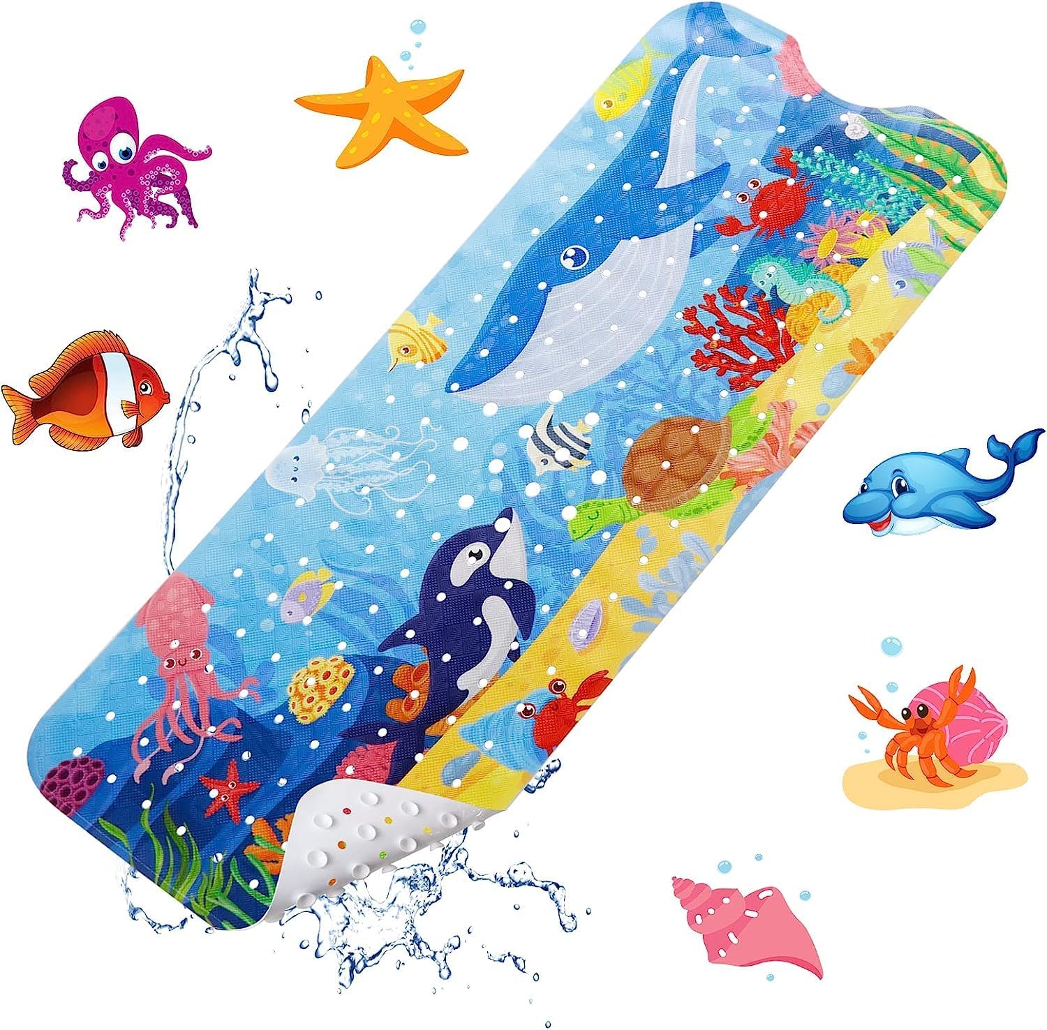 Baby Bath Mat for Tub for Kids, 40 X 16 Inch Extra Long Kids Bathtub Mat Non Slip, Cartoon Bath Tub Shower Mat Anti Slip with Dr