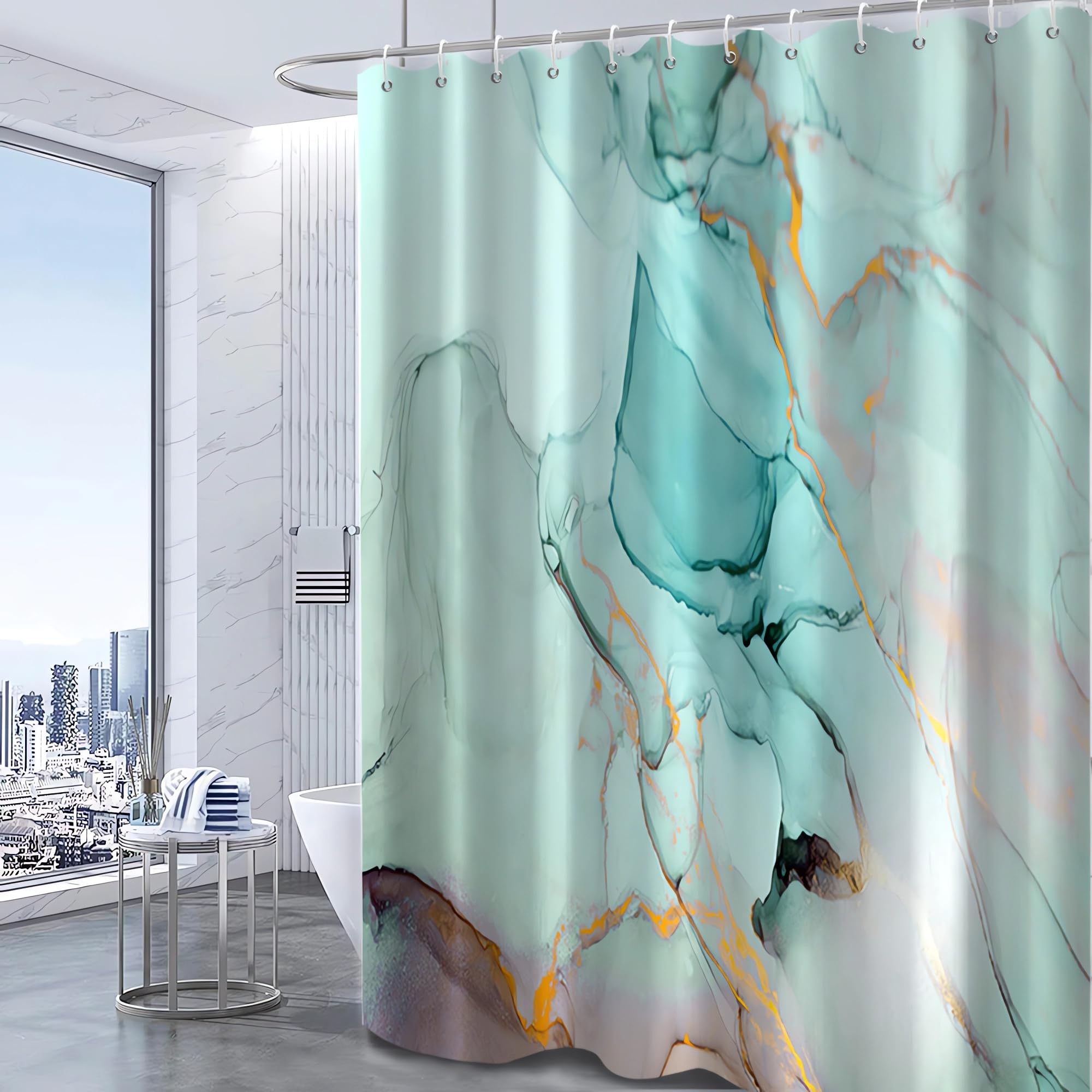 Ruelvth Green Shower Curtain, Modern Teal Marble Shower Curtain For Bathroom Aesthetic Ink Texture Waterproof Fabric Shower Curt