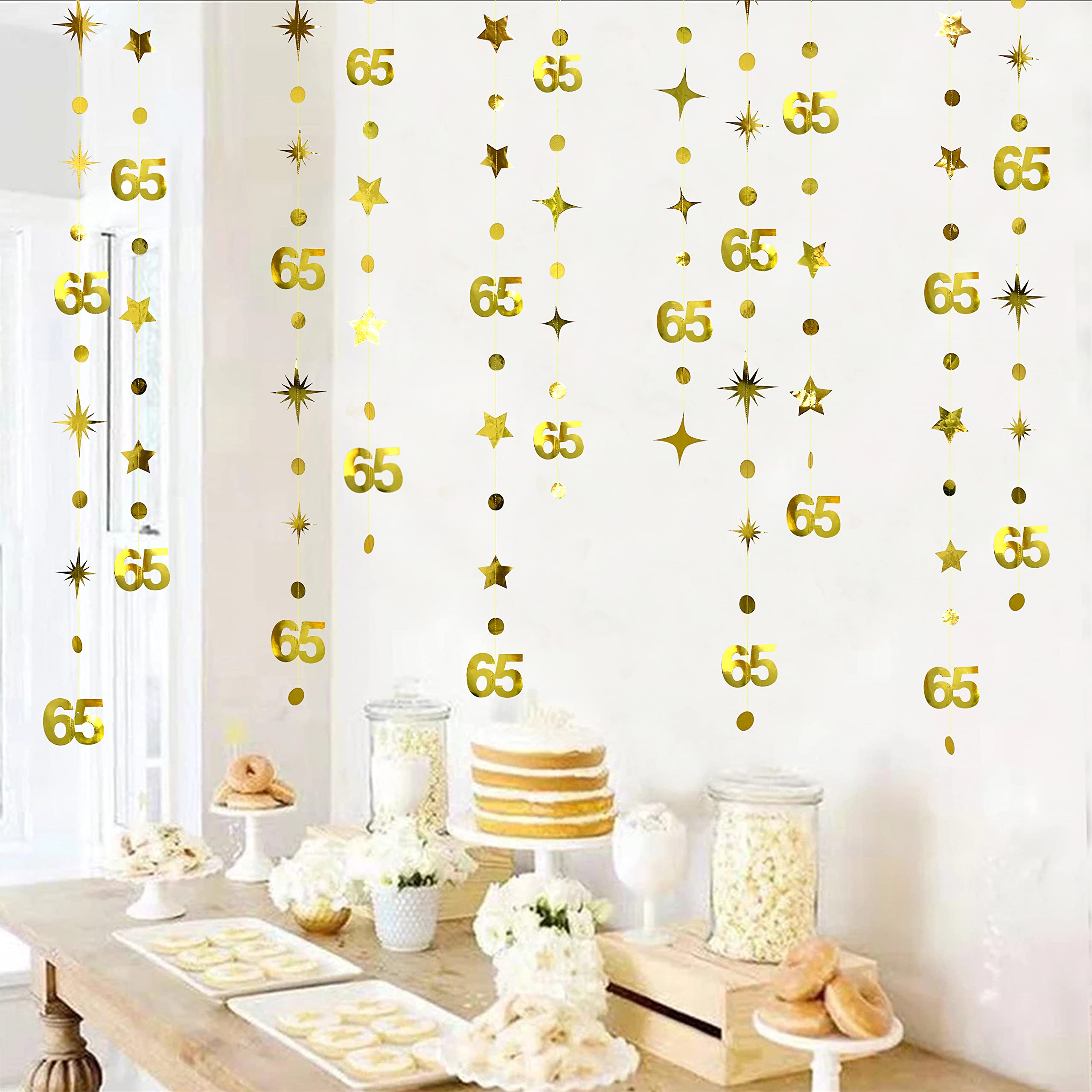 Gold 65th Birthday Decorations Number 65 Circle Dot Twinkle Star Garland Metallic Hanging Streamer Bunting Banner Backdrop for 65 Year Old Birthday Happy 65th Anniversary Sixty Five Party Supplies