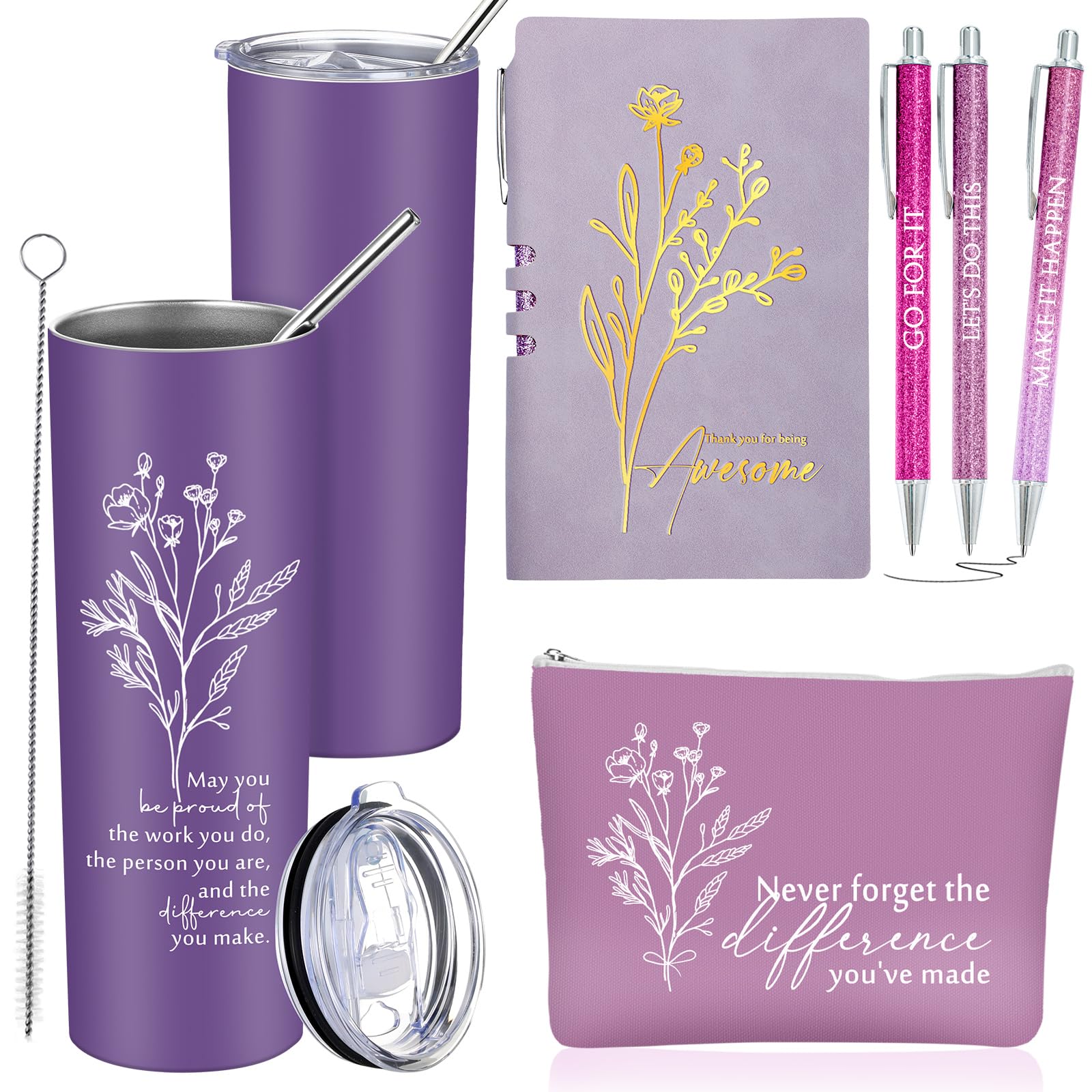 Funnymoom 6 Pcs Employee Appreciation Gift Thank You May You Be Proud 20 oz Boho Flower Tumbler Makeup Bag A6 Leather Journal Ba