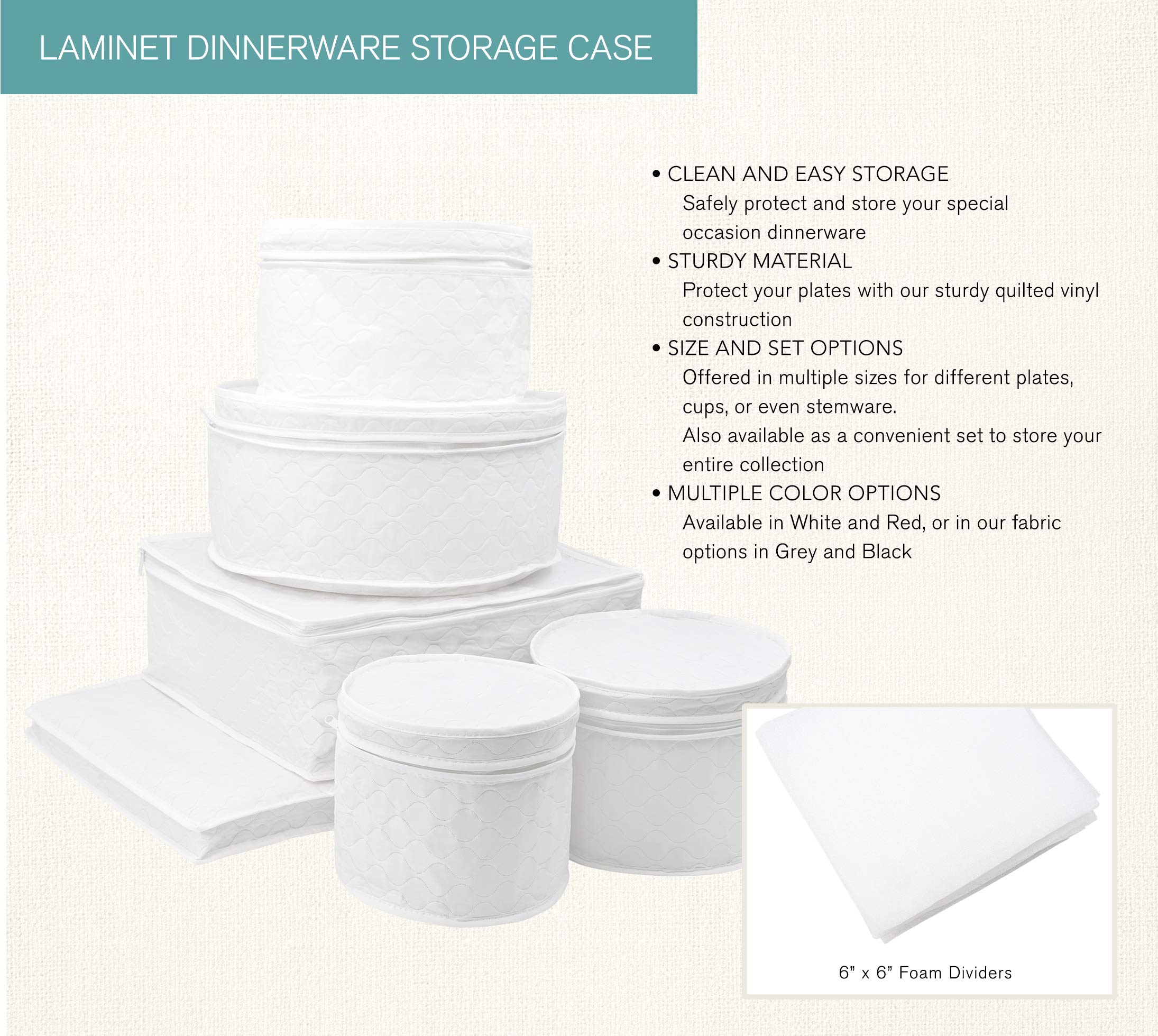 LAMINET 6 Piece Quilted Dinnerware Storage Starter Set - Includes 4 Plate Cases, 1 Cup Case & Platter Case - WHITE