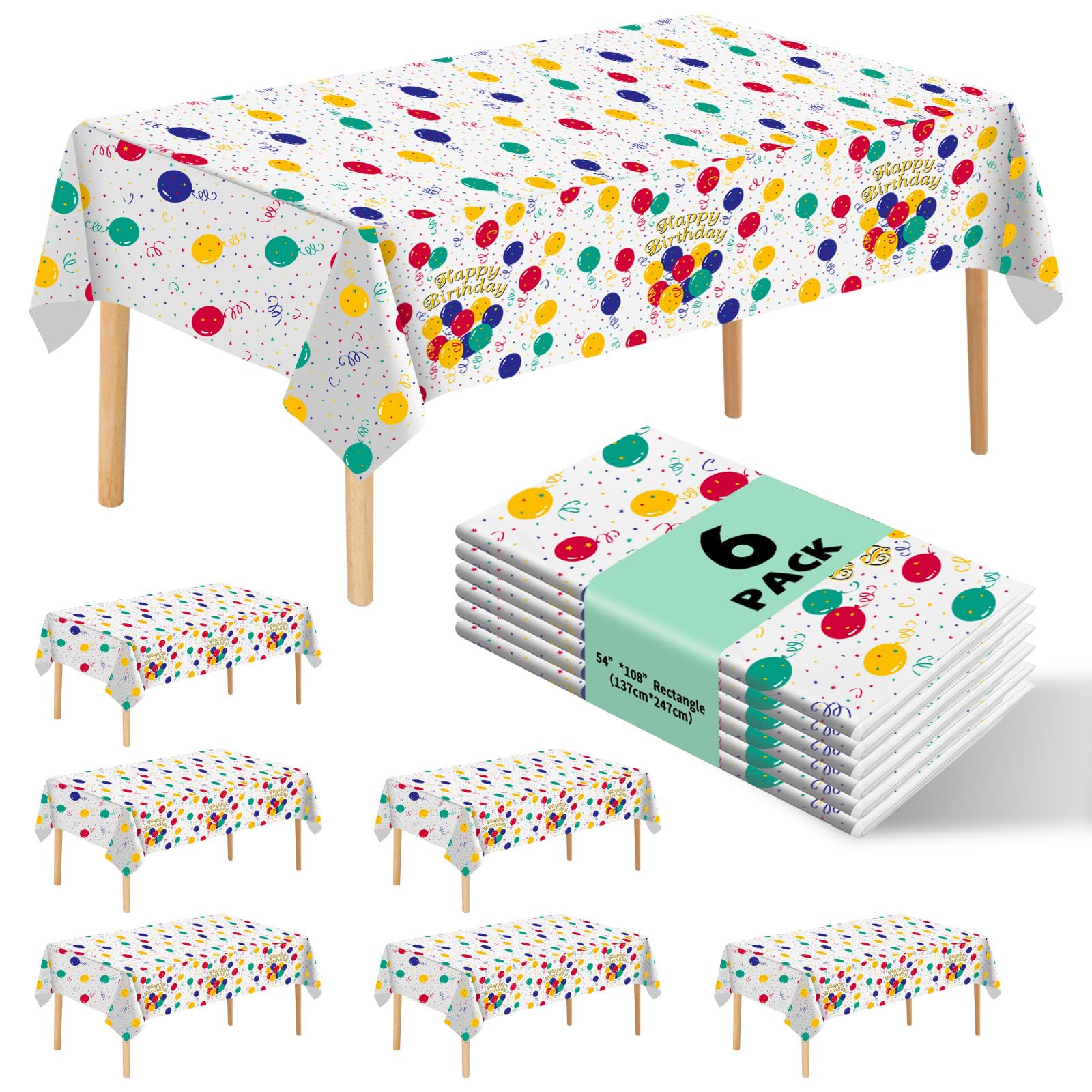 JHDZDHY 6 Pack Happy Birthday Plastic Tablecloths,108 x 54Rectangle Disposable Table Covers for Picnic Birthday Wedding Parties 