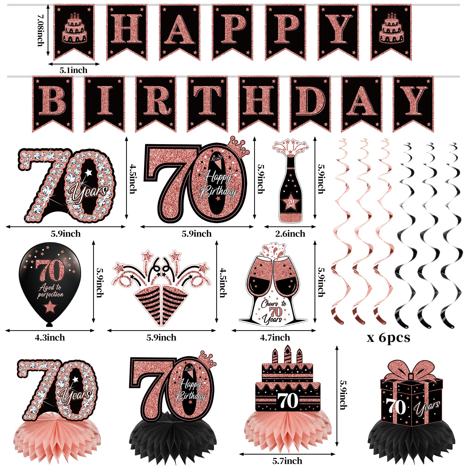 42Pcs 70Th Birthday Decoration Kit For Women, Rose Gold Happy 70Th Bday Banner Balloons Honeycomb Centerpiece Swirl Paper Pompom